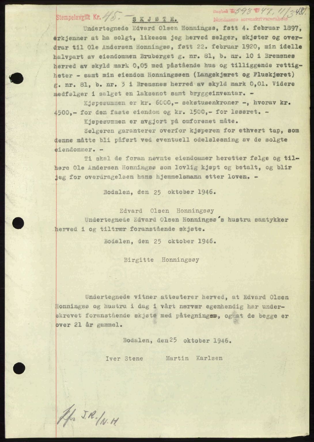 Nordmøre sorenskriveri, AV/SAT-A-4132/1/2/2Ca: Mortgage book no. A104, 1947-1947, Diary no: : 593/1947