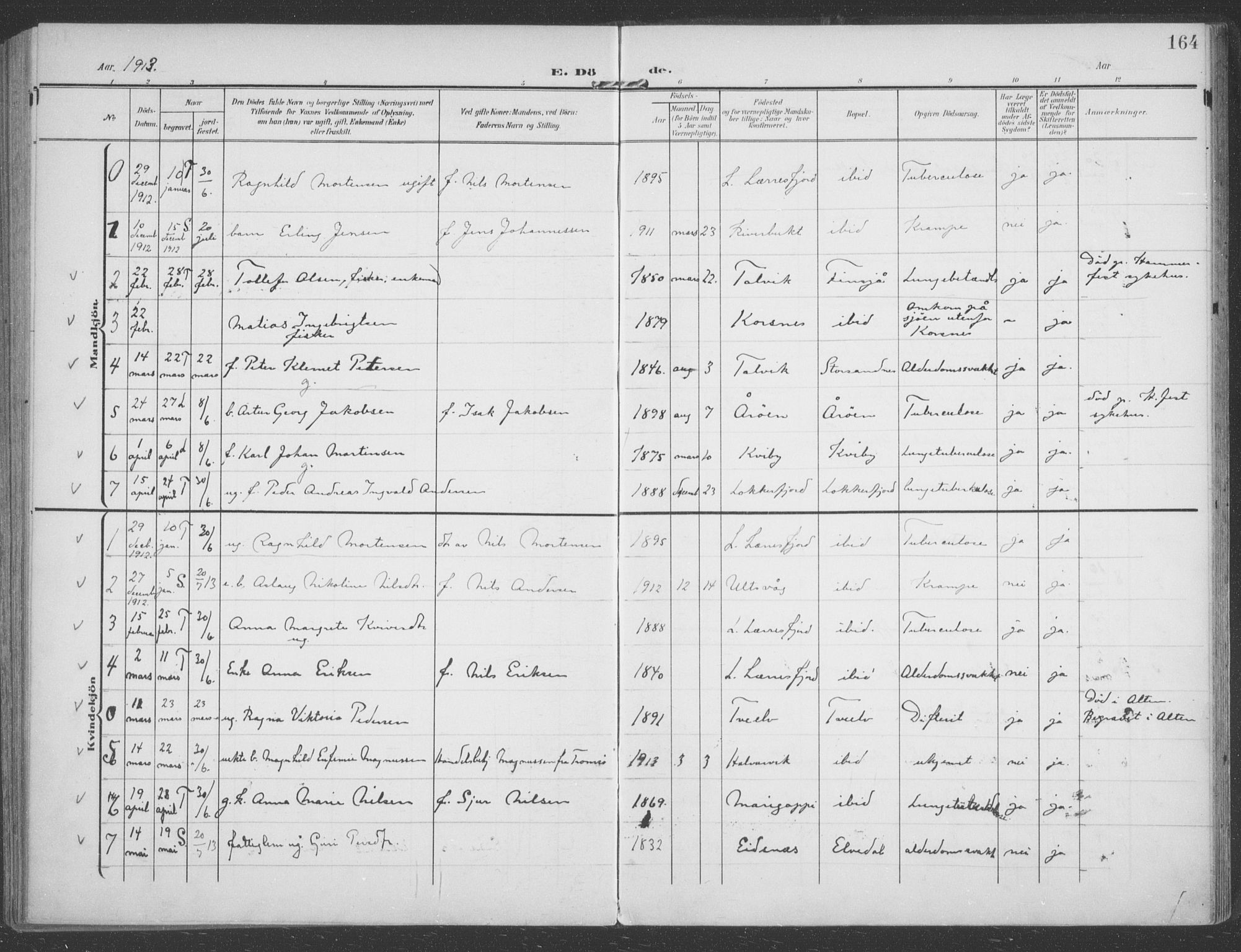 Talvik sokneprestkontor, AV/SATØ-S-1337/H/Ha/L0017kirke: Parish register (official) no. 17, 1906-1915, p. 164