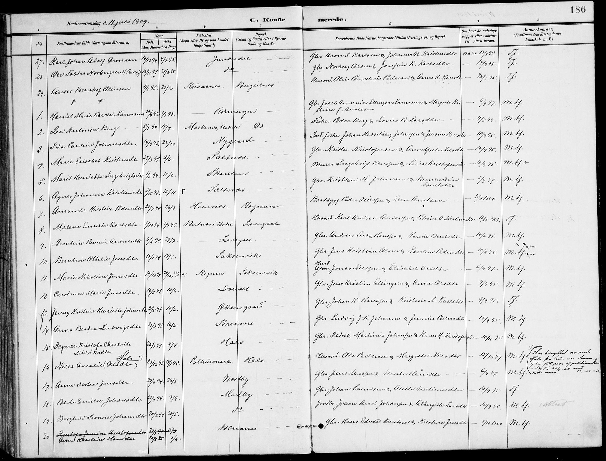 Ministerialprotokoller, klokkerbøker og fødselsregistre - Nordland, AV/SAT-A-1459/847/L0672: Parish register (official) no. 847A12, 1902-1919, p. 186