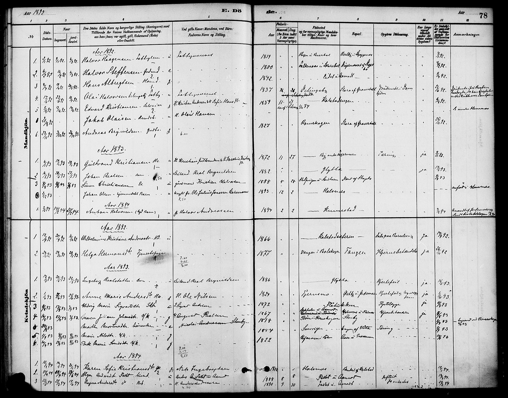 Høland prestekontor Kirkebøker, SAO/A-10346a/F/Fc/L0001: Parish register (official) no. III 1, 1880-1897, p. 78