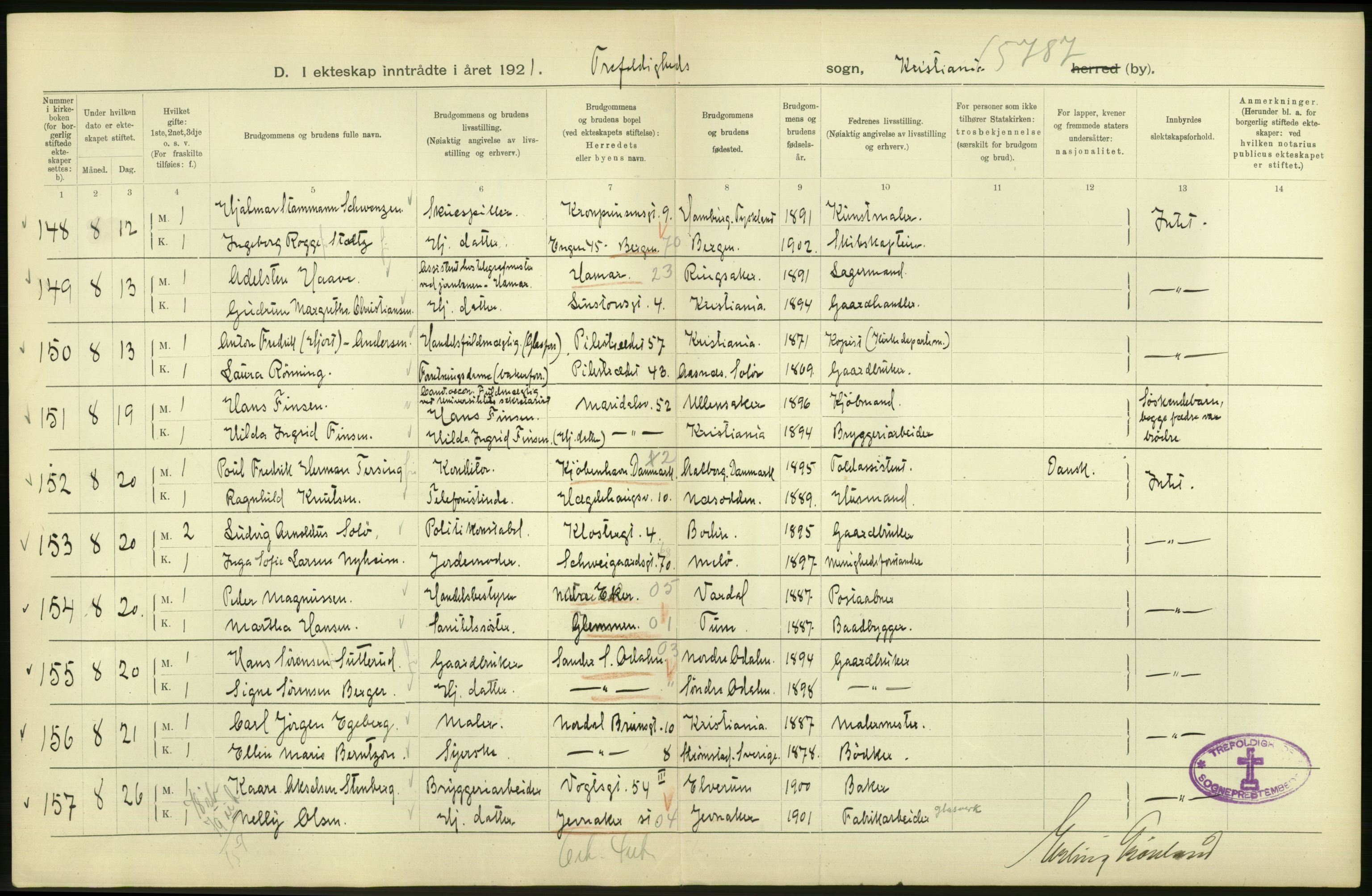 Statistisk sentralbyrå, Sosiodemografiske emner, Befolkning, AV/RA-S-2228/D/Df/Dfc/Dfca/L0011: Kristiania: Gifte, 1921, p. 38