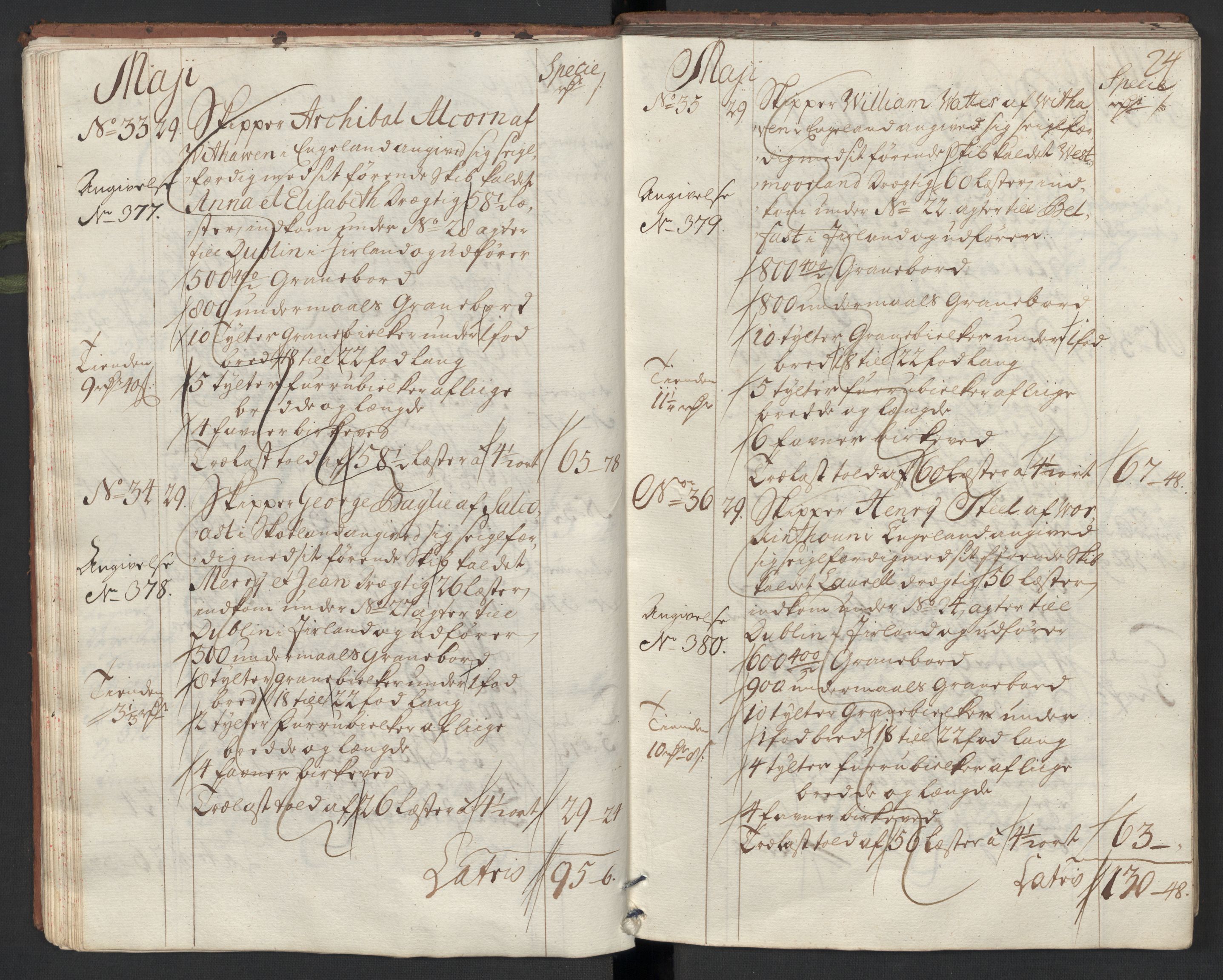 Generaltollkammeret, tollregnskaper, AV/RA-EA-5490/R33/L0013/0002: Tollregnskaper Trondheim A / Utgående tollbok, 1731, p. 23b-24a