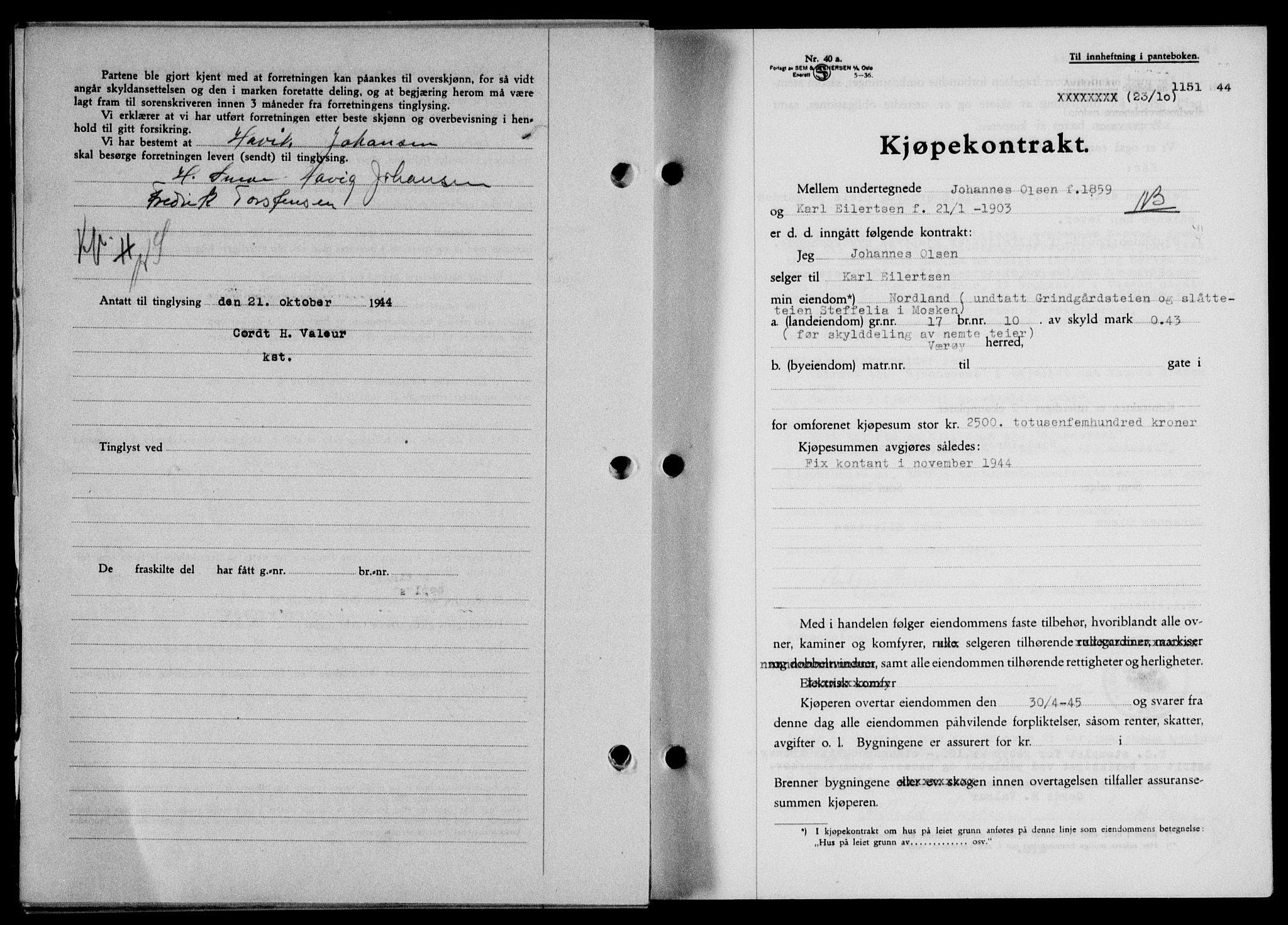 Lofoten sorenskriveri, AV/SAT-A-0017/1/2/2C/L0012a: Mortgage book no. 12a, 1943-1944, Diary no: : 1151/1944