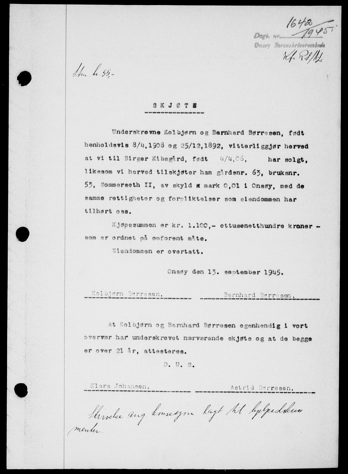 Onsøy sorenskriveri, SAO/A-10474/G/Ga/Gab/L0015: Mortgage book no. II A-15, 1945-1946, Diary no: : 1642/1945