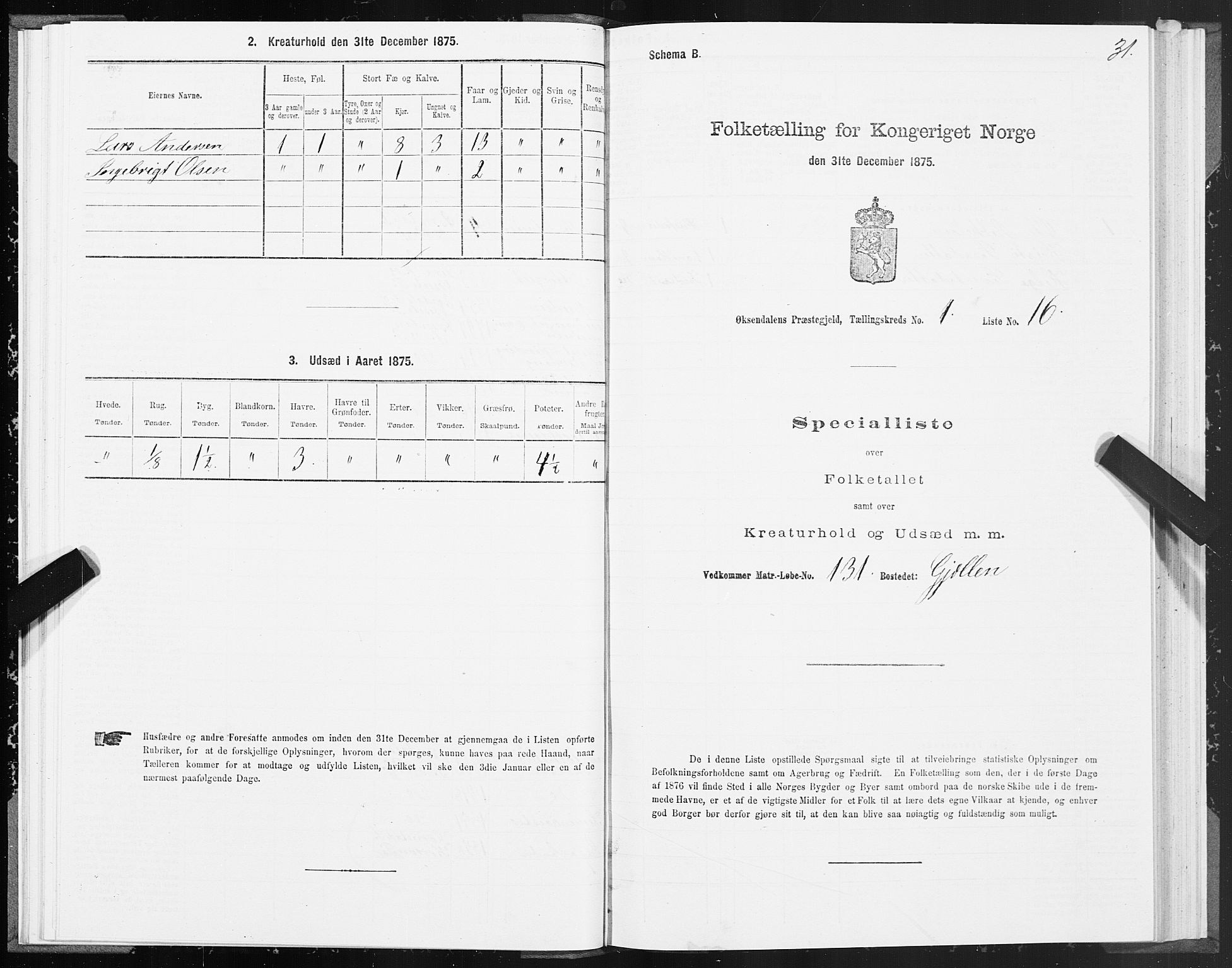 SAT, 1875 census for 1561P Øksendal, 1875, p. 1031