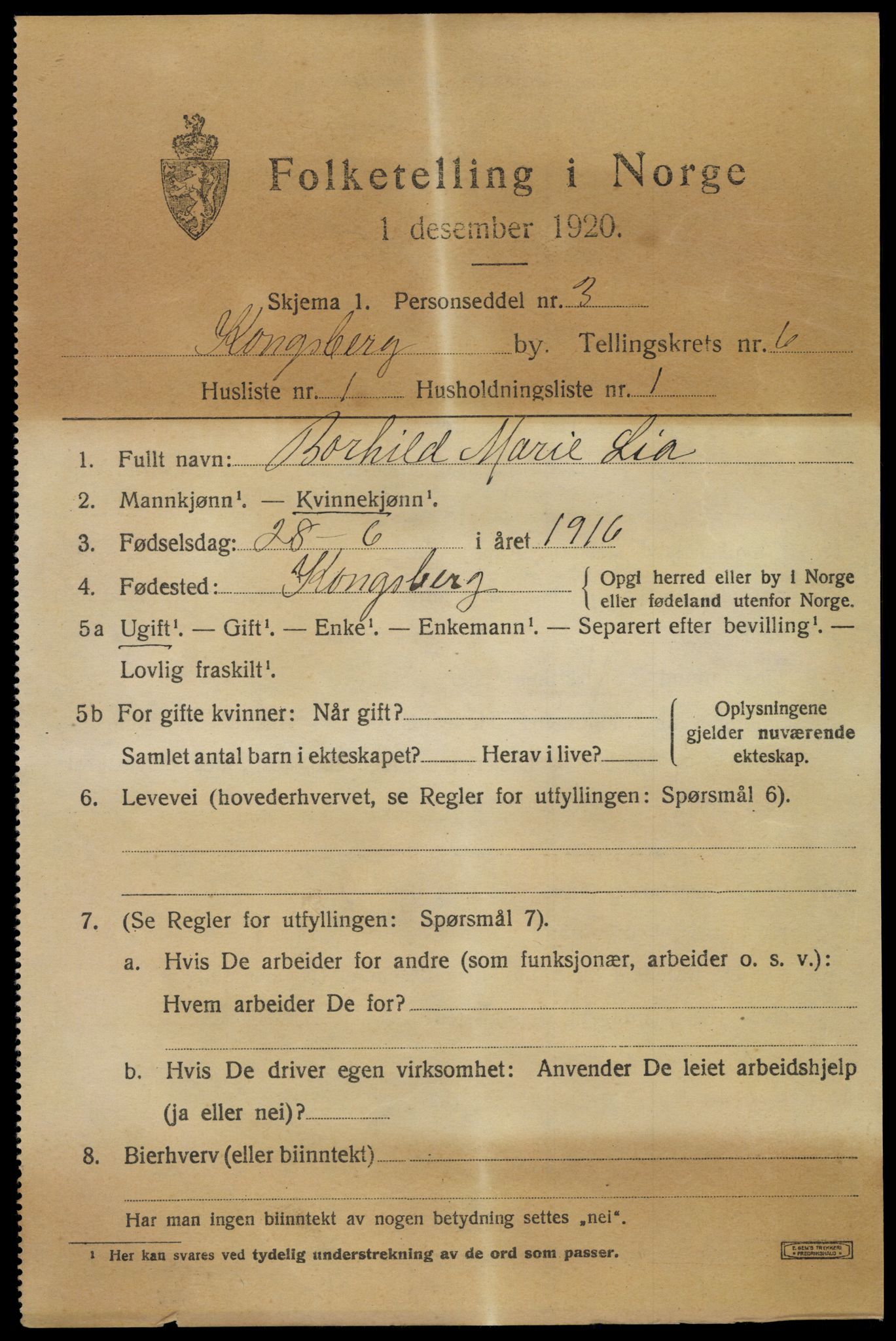 SAKO, 1920 census for Kongsberg, 1920, p. 13578