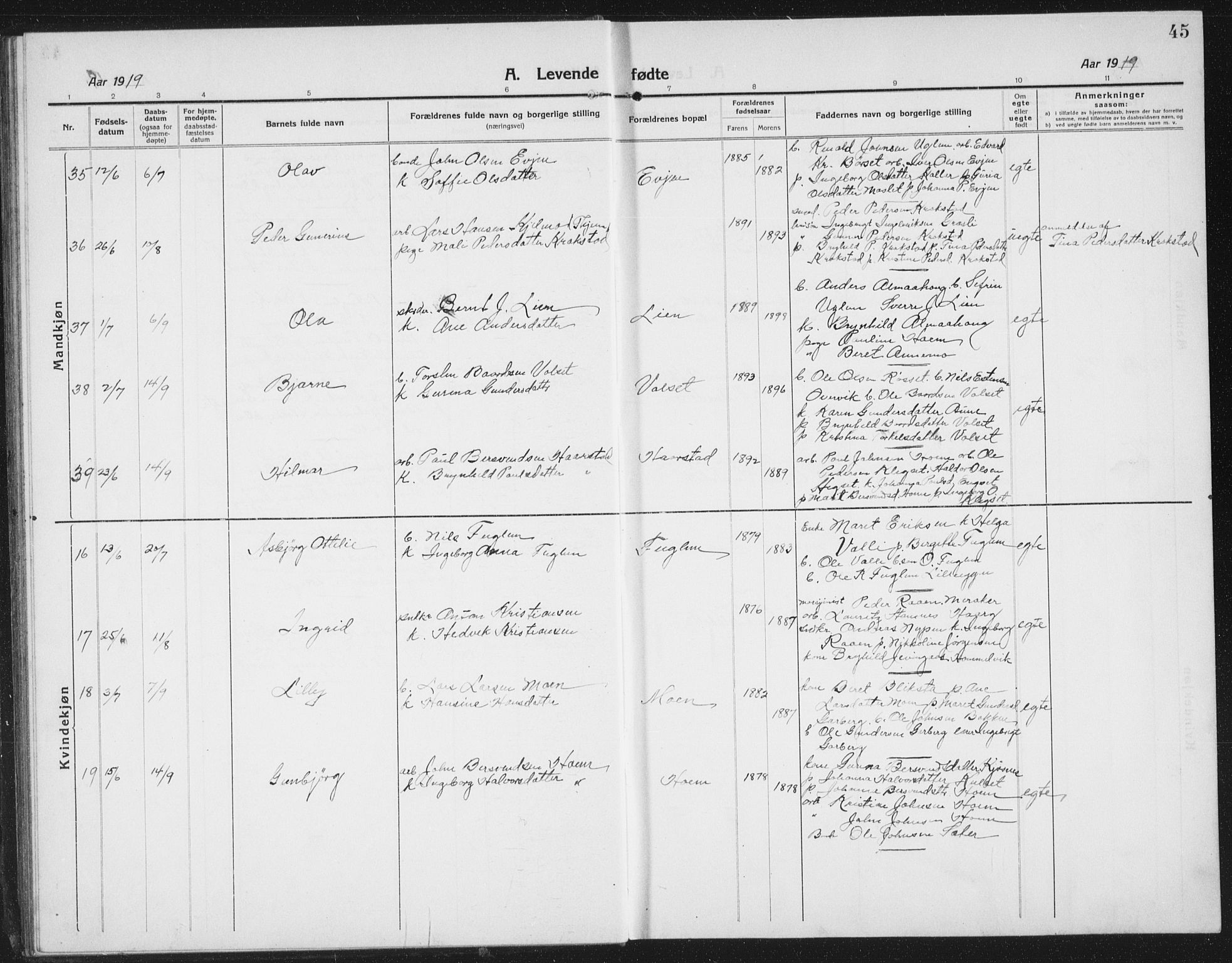 Ministerialprotokoller, klokkerbøker og fødselsregistre - Sør-Trøndelag, AV/SAT-A-1456/695/L1158: Parish register (copy) no. 695C09, 1913-1940, p. 45