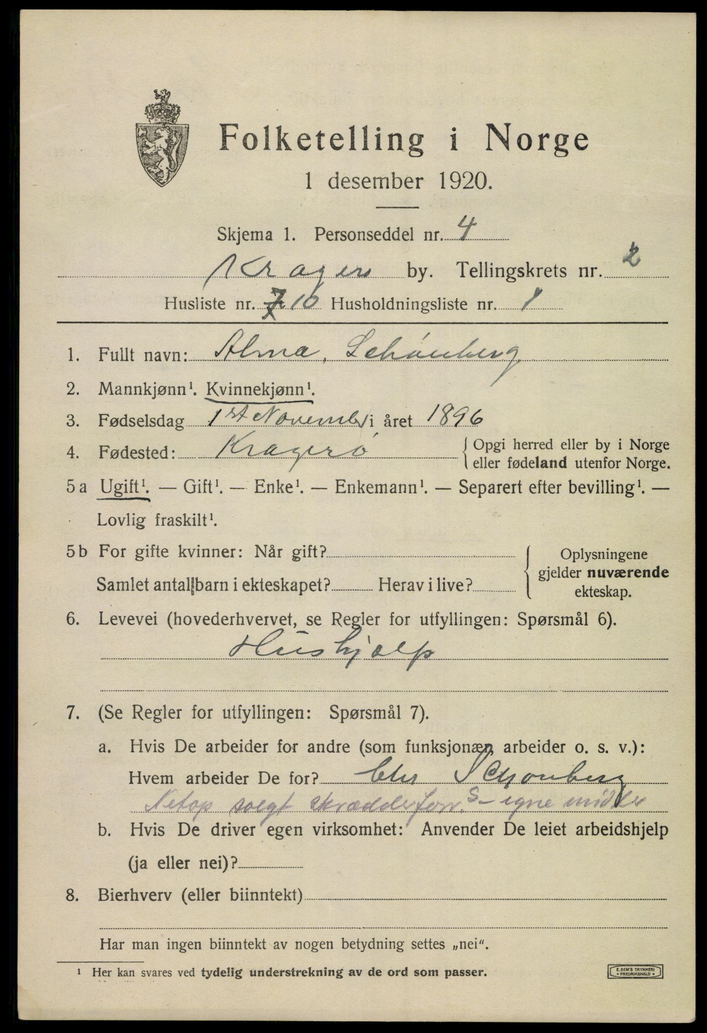 SAKO, 1920 census for Kragerø, 1920, p. 5431