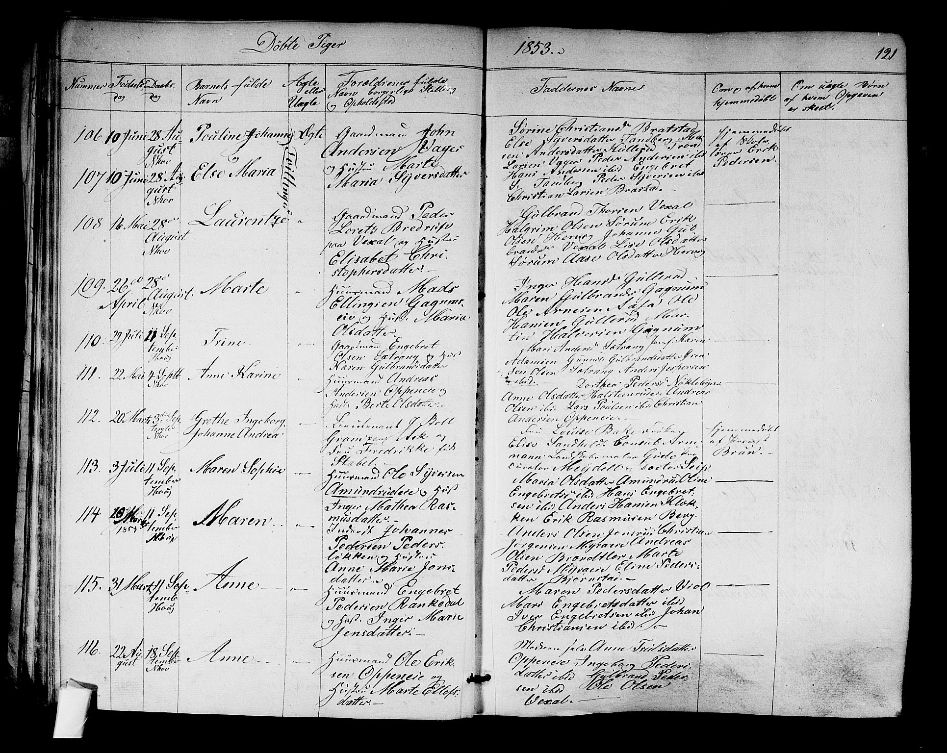 Norderhov kirkebøker, SAKO/A-237/F/Fa/L0011: Parish register (official) no. 11, 1847-1856, p. 121