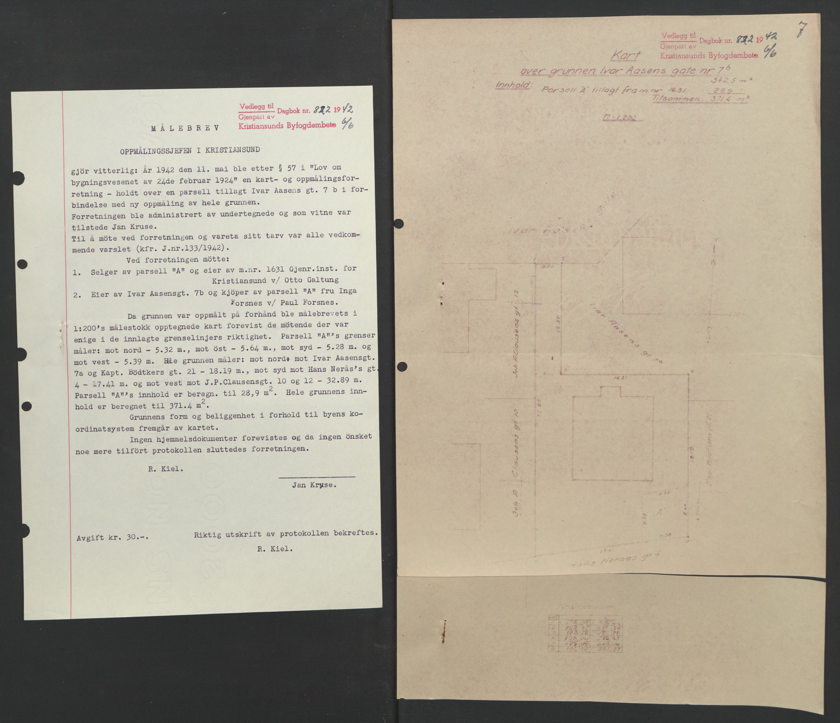 Kristiansund byfogd, AV/SAT-A-4587/A/27: Mortgage book no. 37, 1942-1945, Diary no: : 822/1942