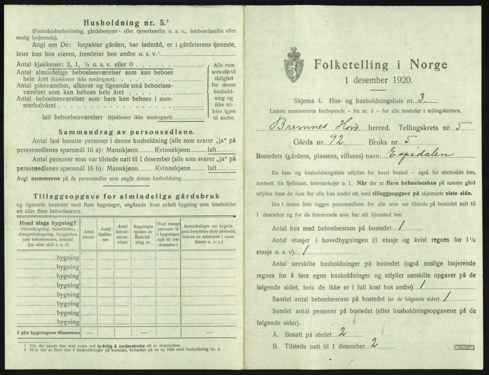 SAB, 1920 census for Bremnes, 1920, p. 259