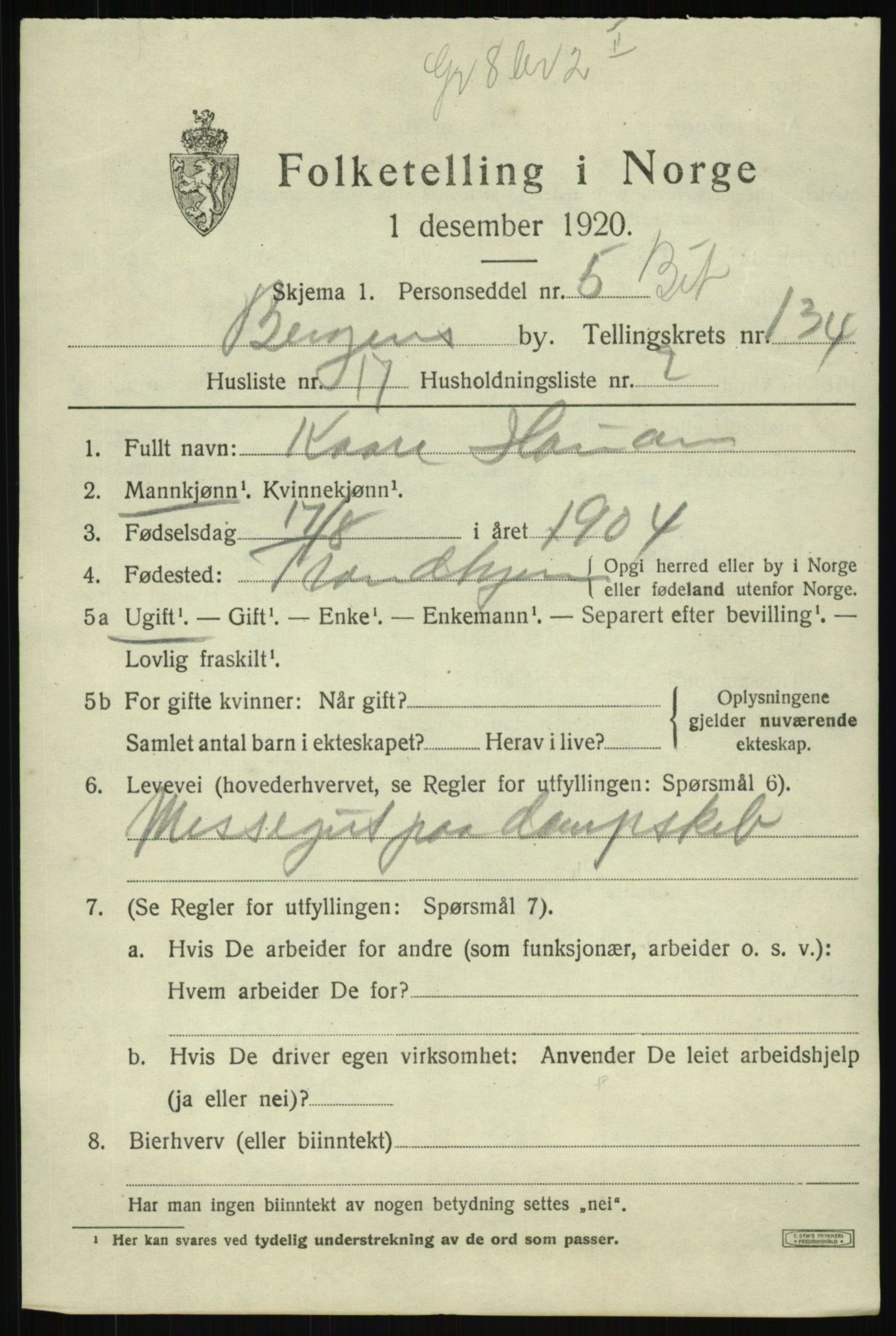 SAB, 1920 census for Bergen, 1920, p. 225595