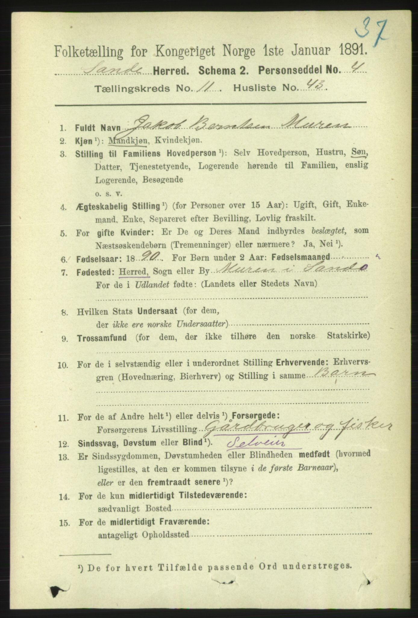 RA, 1891 census for 1514 Sande, 1891, p. 2204