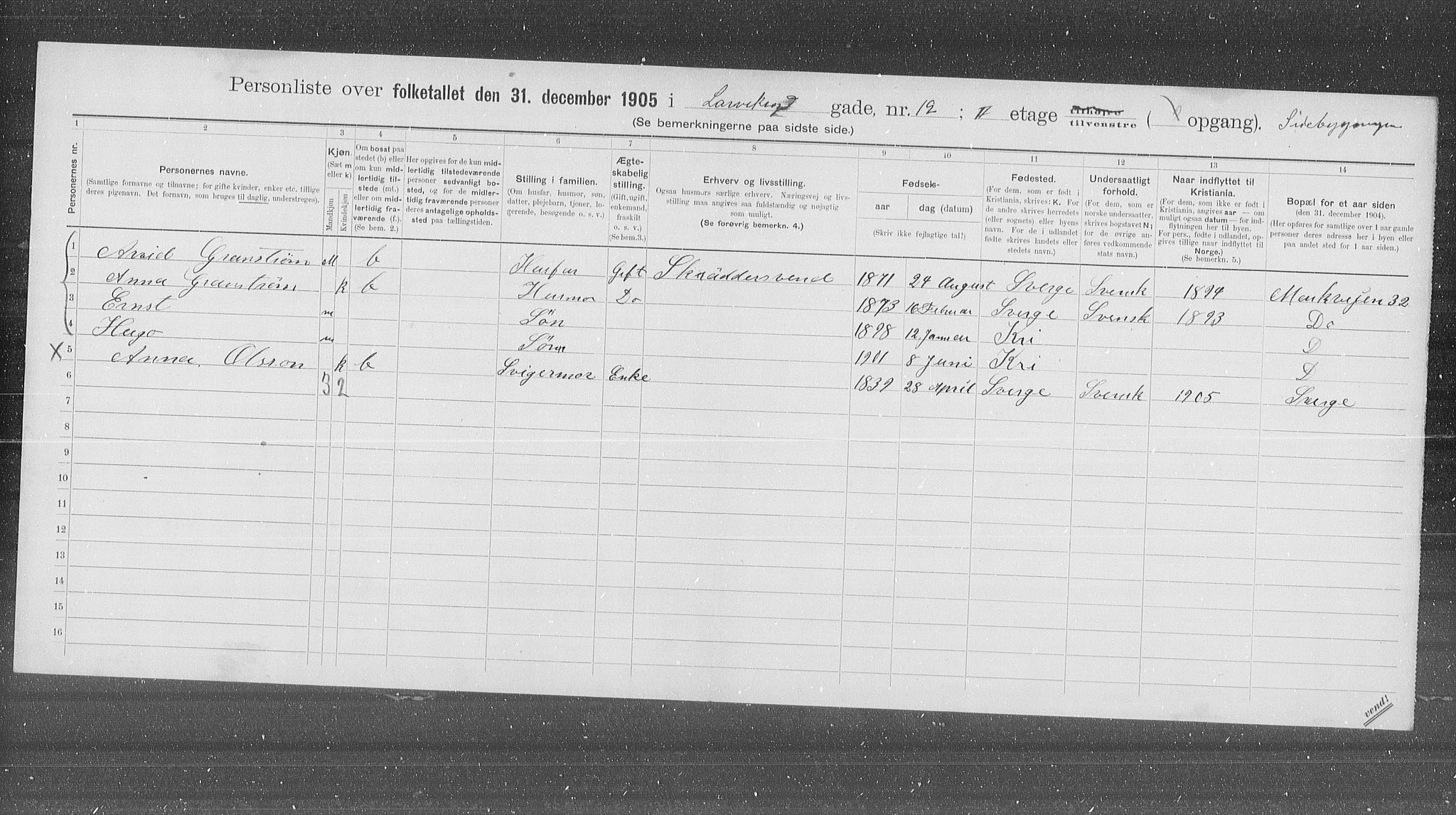 OBA, Municipal Census 1905 for Kristiania, 1905, p. 30018