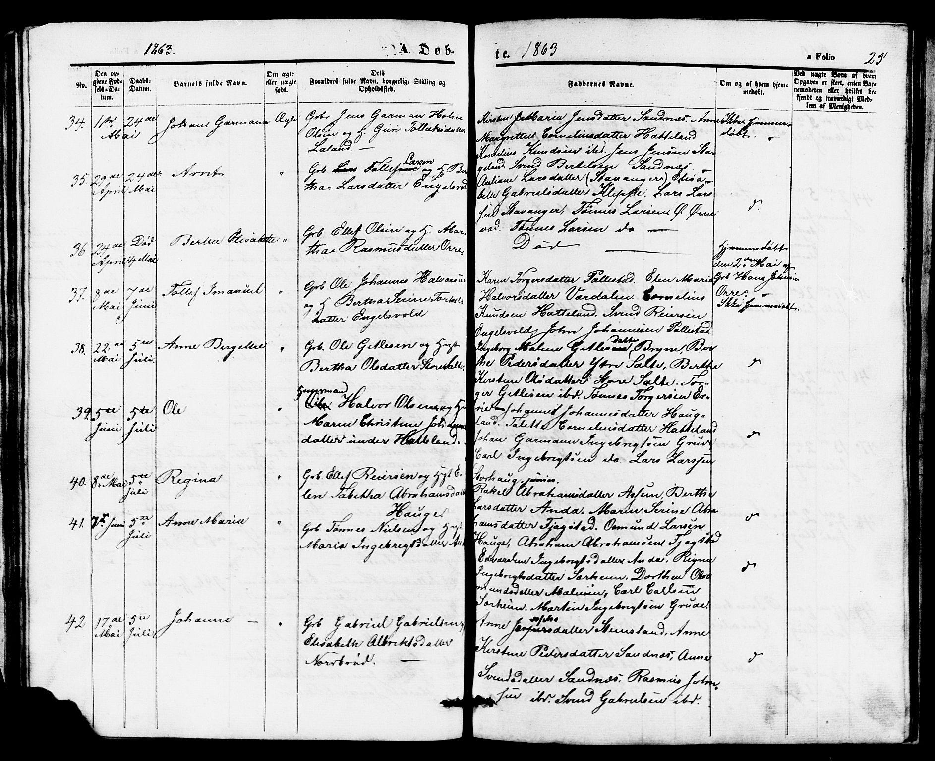 Klepp sokneprestkontor, AV/SAST-A-101803/001/3/30BB/L0002: Parish register (copy) no. B 2, 1860-1875, p. 25