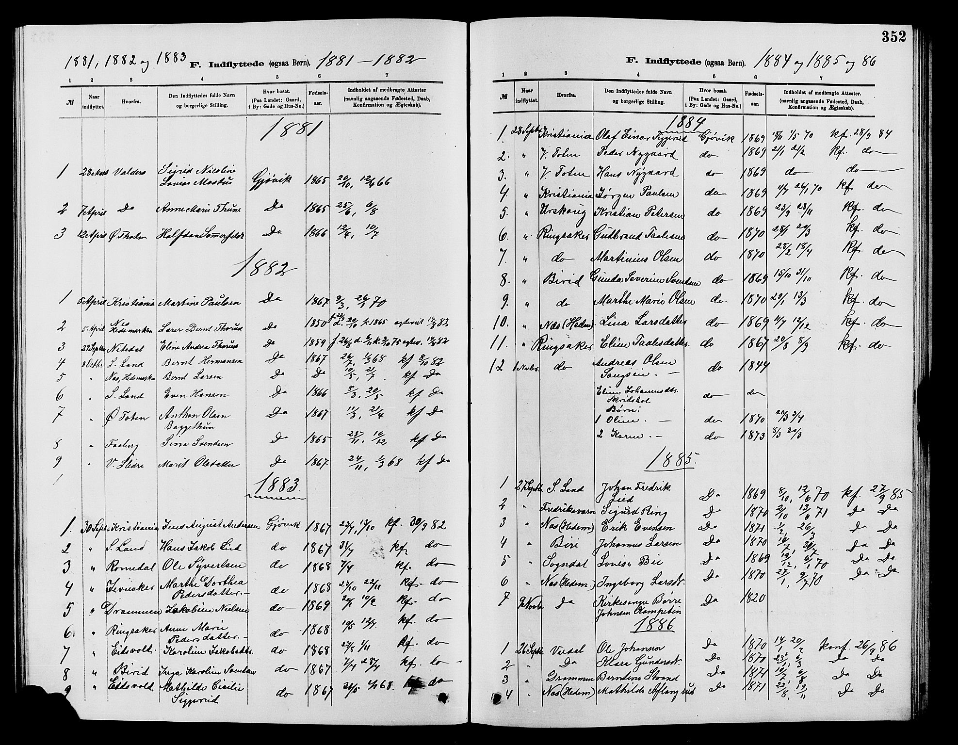 Vardal prestekontor, SAH/PREST-100/H/Ha/Hab/L0007: Parish register (copy) no. 7 /2, 1881-1895, p. 352