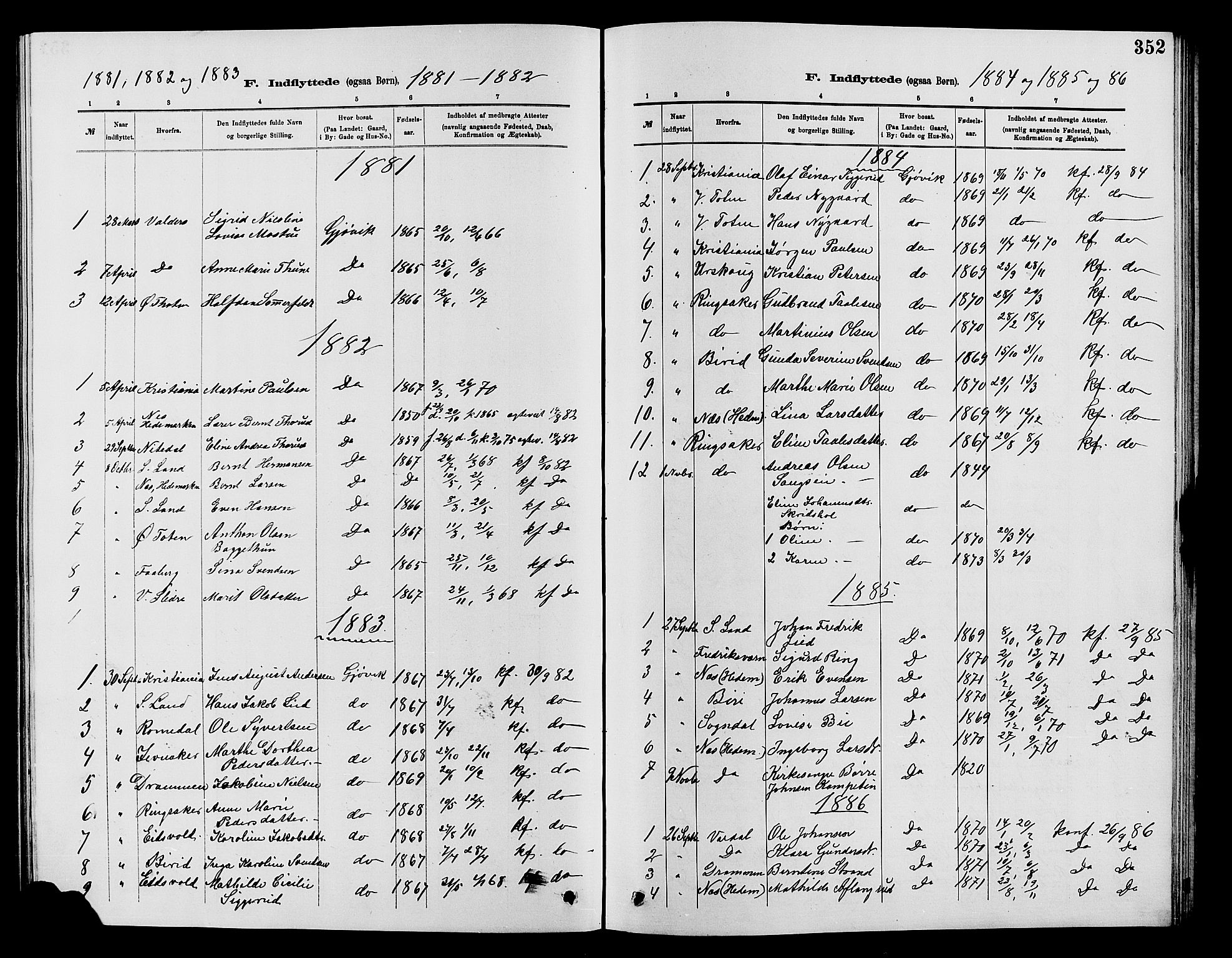 Vardal prestekontor, AV/SAH-PREST-100/H/Ha/Hab/L0007: Parish register (copy) no. 7 /2, 1881-1895, p. 352