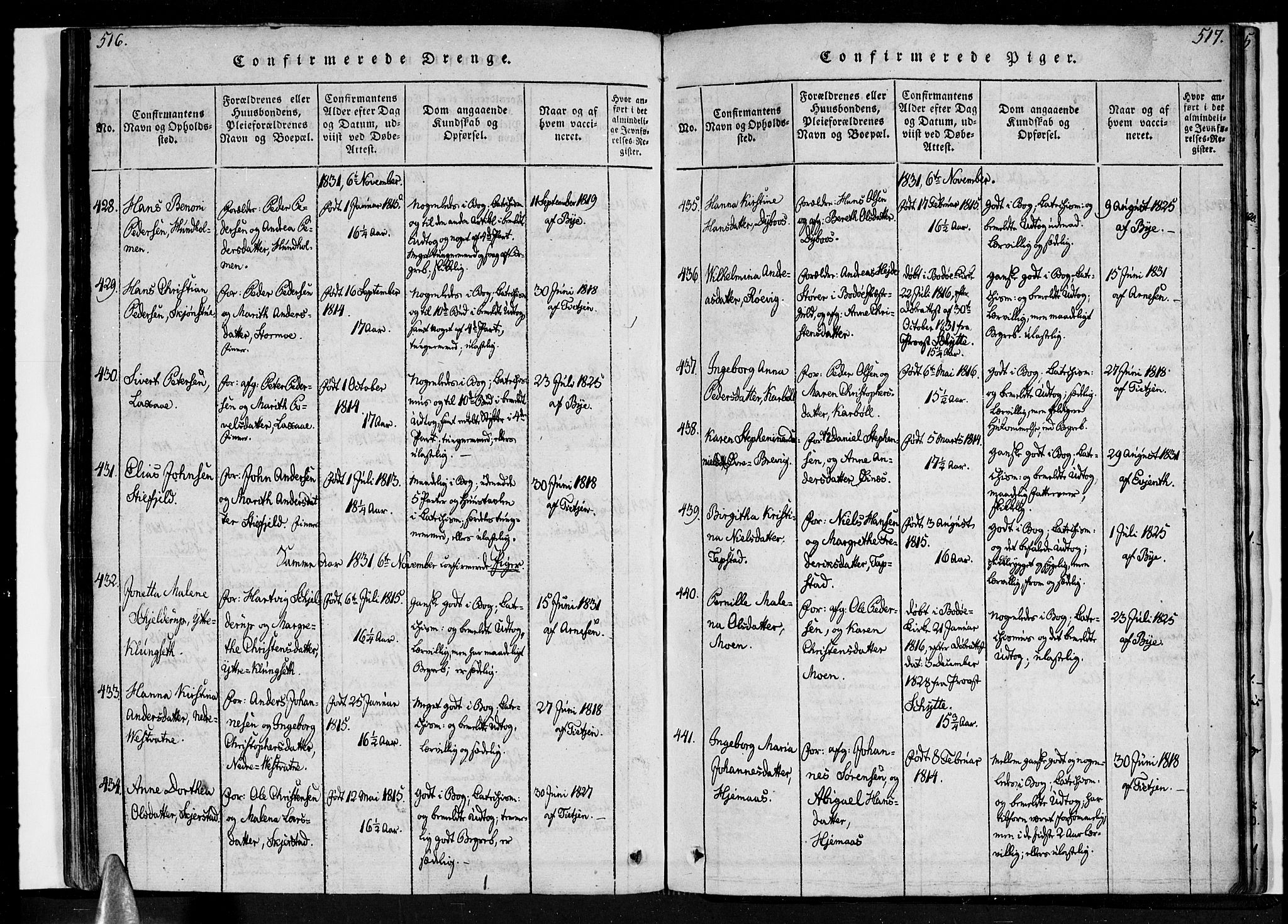 Ministerialprotokoller, klokkerbøker og fødselsregistre - Nordland, SAT/A-1459/852/L0736: Parish register (official) no. 852A06, 1820-1833, p. 516-517