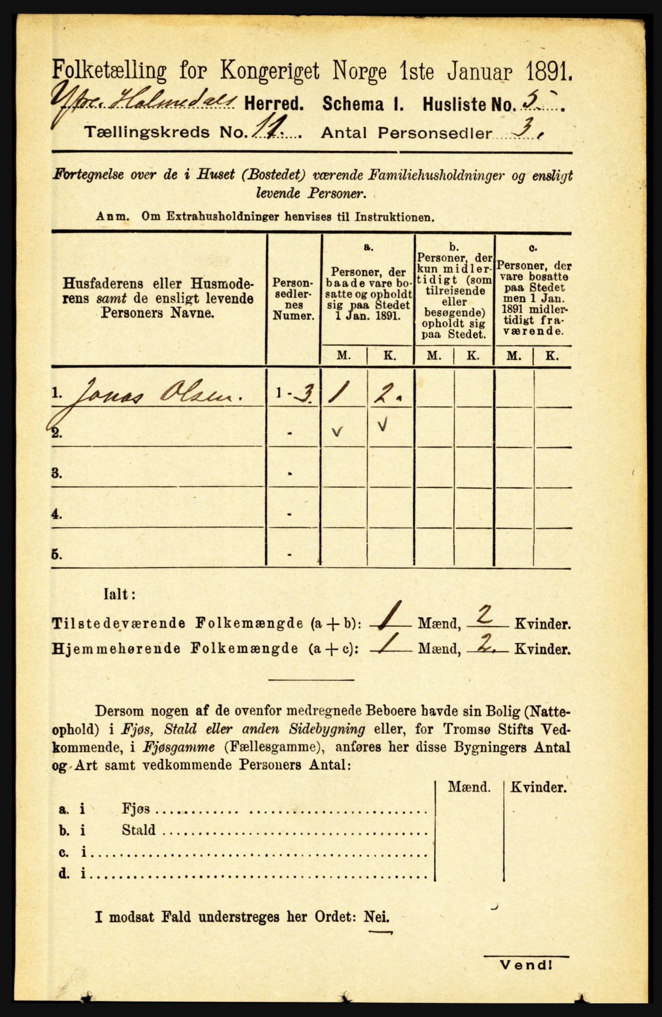 RA, 1891 census for 1429 Ytre Holmedal, 1891, p. 2732