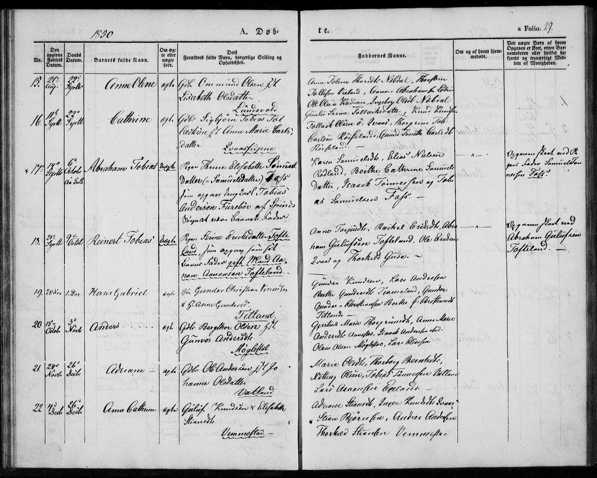 Lyngdal sokneprestkontor, AV/SAK-1111-0029/F/Fa/Fab/L0001: Parish register (official) no. A 1, 1838-1860, p. 27