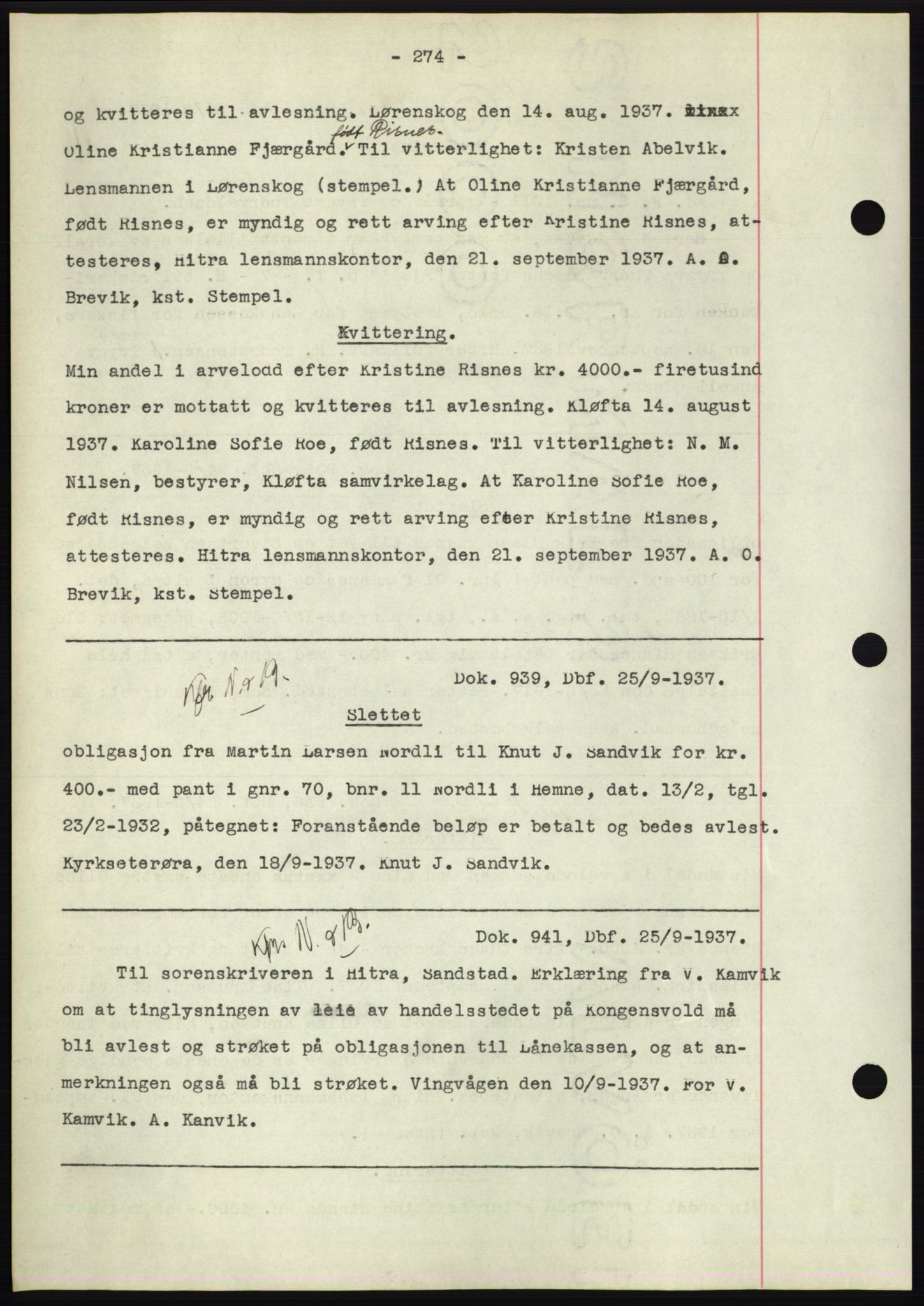 Hitra sorenskriveri, AV/SAT-A-0018/2/2C/2Ca: Mortgage book no. C1, 1936-1945, Diary no: : 939/1937