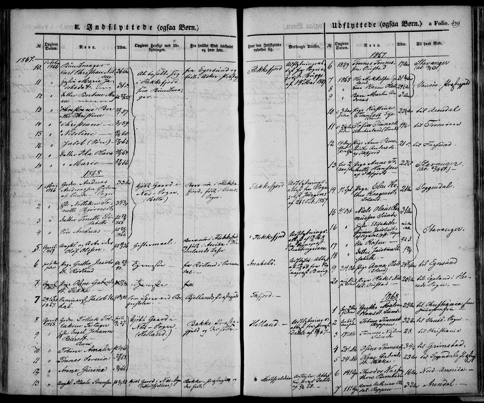 Flekkefjord sokneprestkontor, SAK/1111-0012/F/Fa/Fac/L0005: Parish register (official) no. A 5, 1849-1875, p. 439