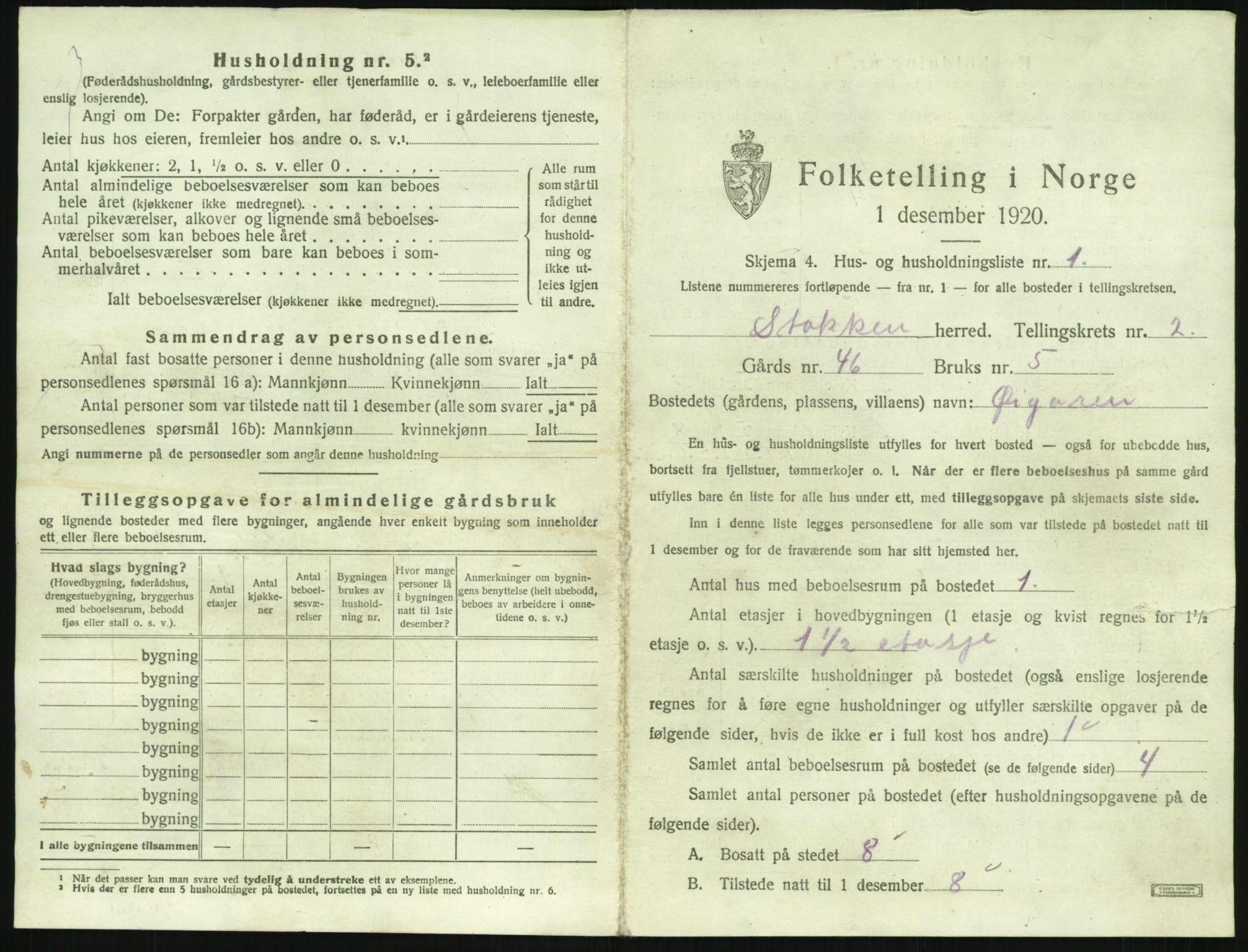 SAK, 1920 census for Stokken, 1920, p. 220