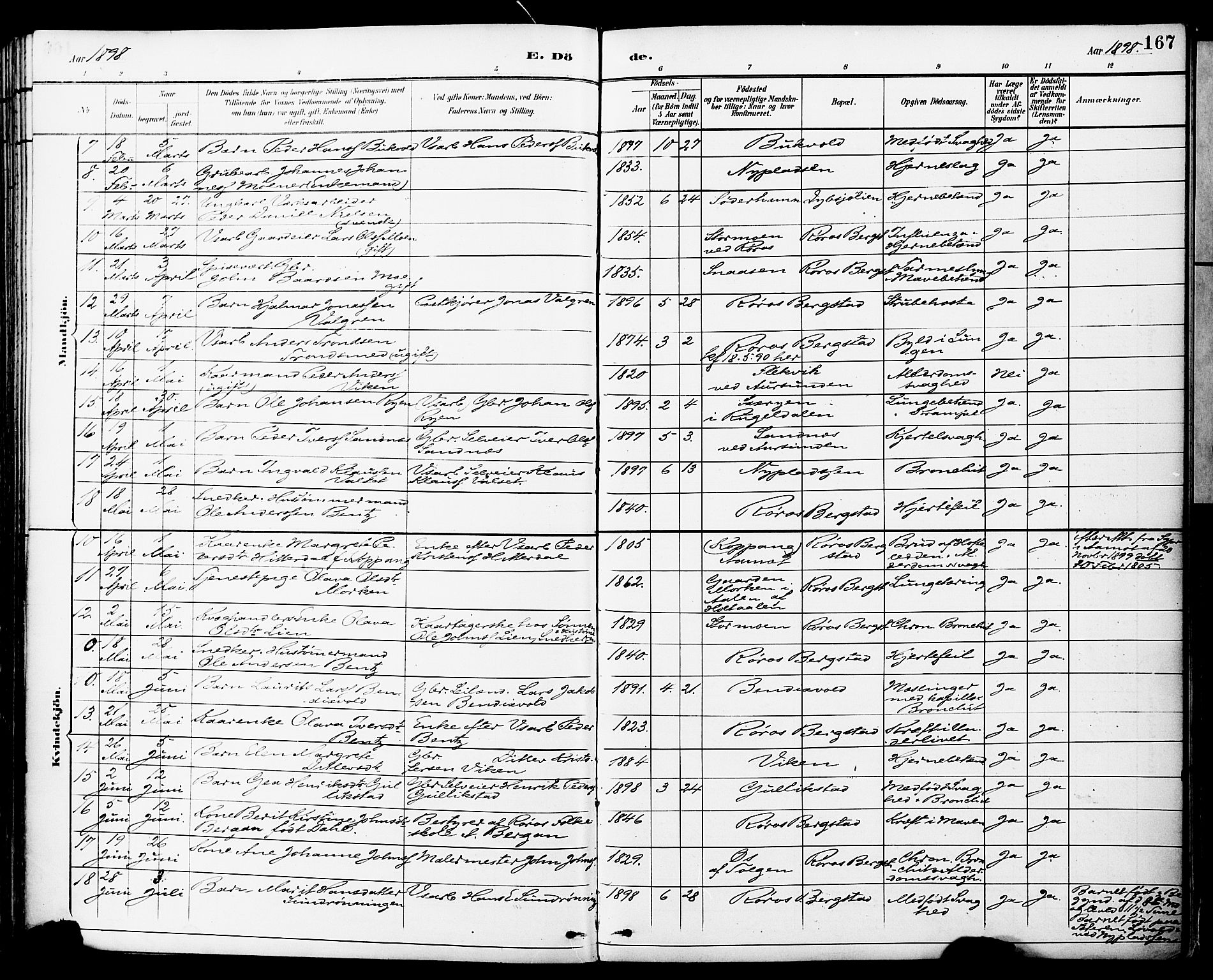 Ministerialprotokoller, klokkerbøker og fødselsregistre - Sør-Trøndelag, AV/SAT-A-1456/681/L0935: Parish register (official) no. 681A13, 1890-1898, p. 167