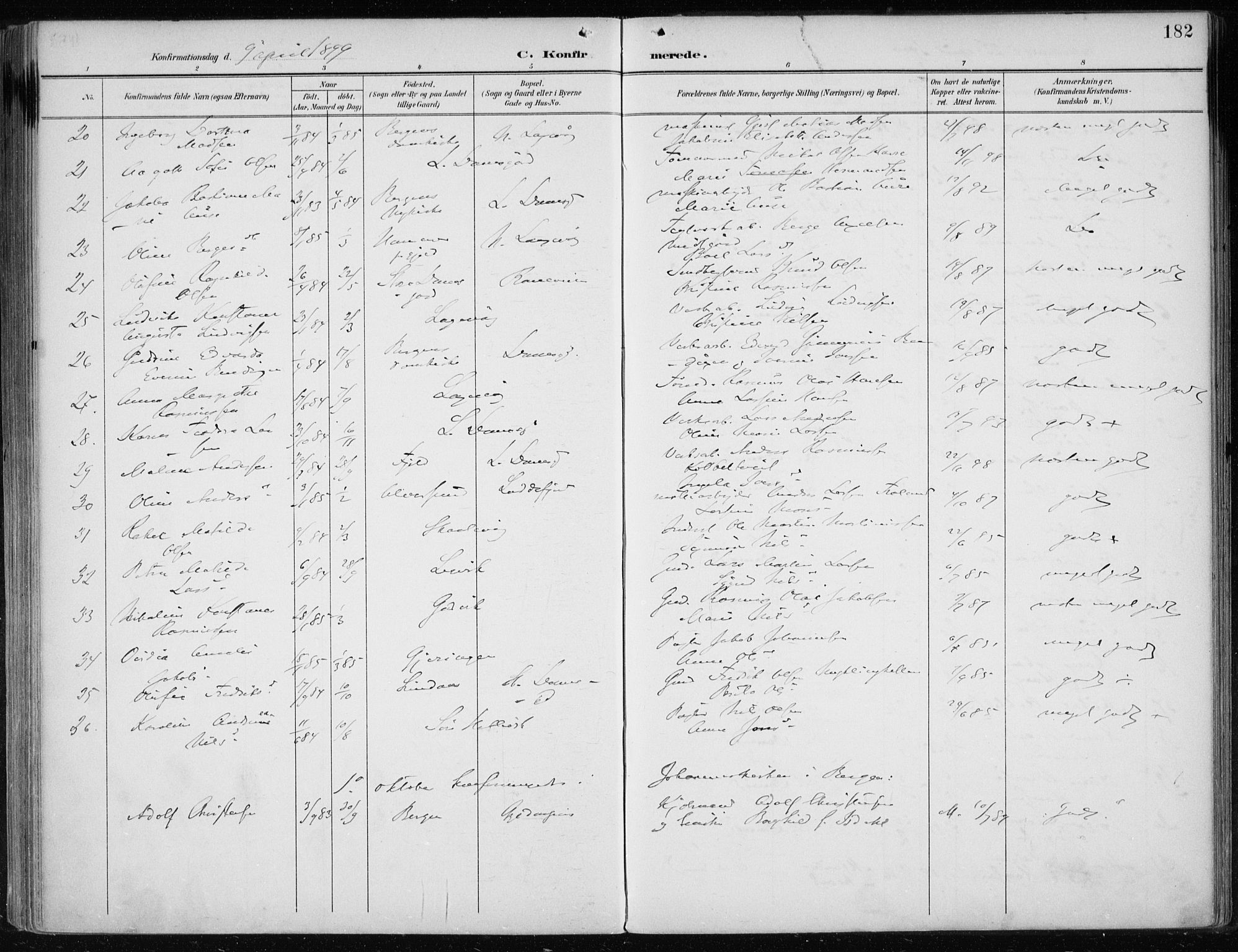 Askøy Sokneprestembete, SAB/A-74101/H/Ha/Haa/Haae/L0003: Parish register (official) no. E 3, 1891-1903, p. 182