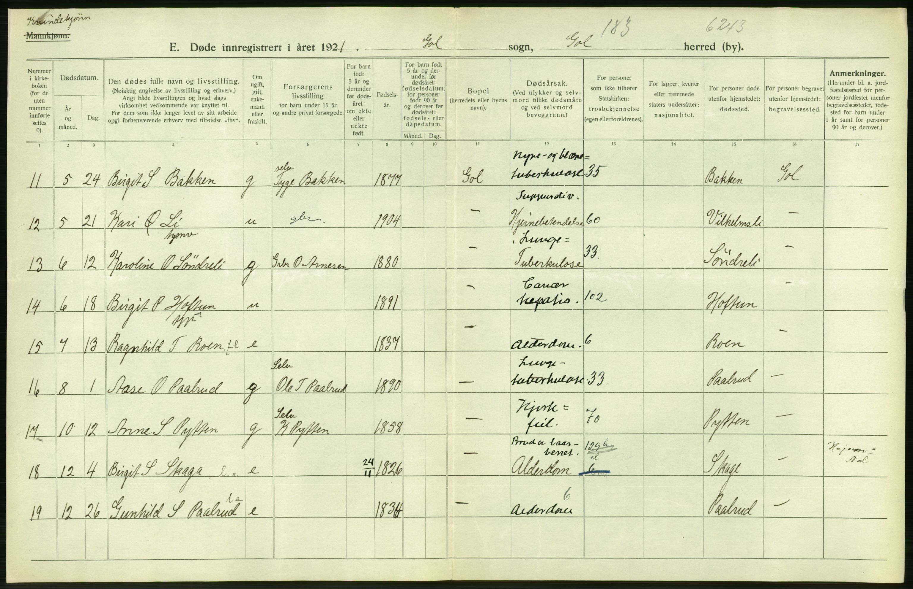 Statistisk sentralbyrå, Sosiodemografiske emner, Befolkning, AV/RA-S-2228/D/Df/Dfc/Dfca/L0020: Buskerud fylke: Døde. Byer og bygder., 1921, p. 200