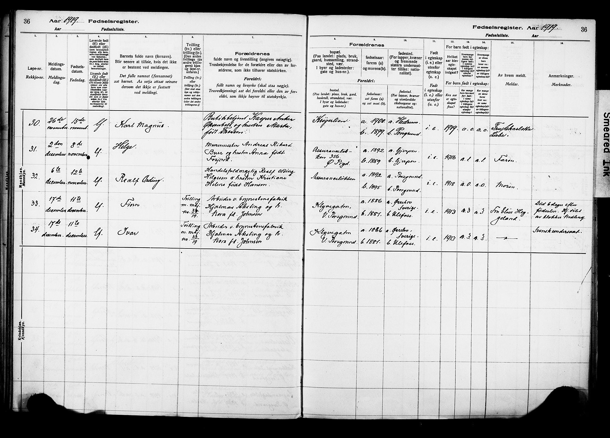 Porsgrunn kirkebøker , AV/SAKO-A-104/J/Ja/L0001: Birth register no. 1, 1916-1929, p. 36