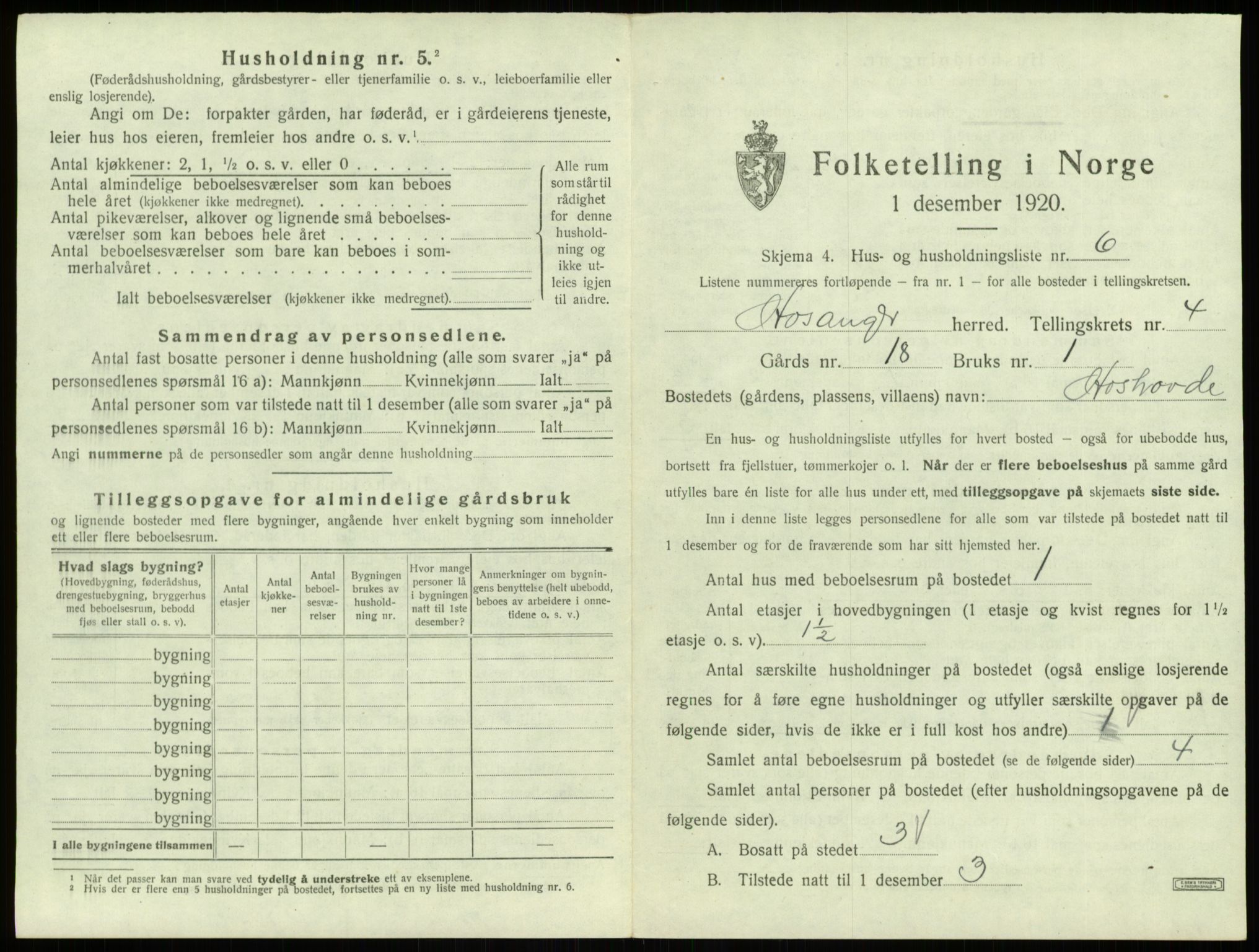 SAB, 1920 census for Hosanger, 1920, p. 200