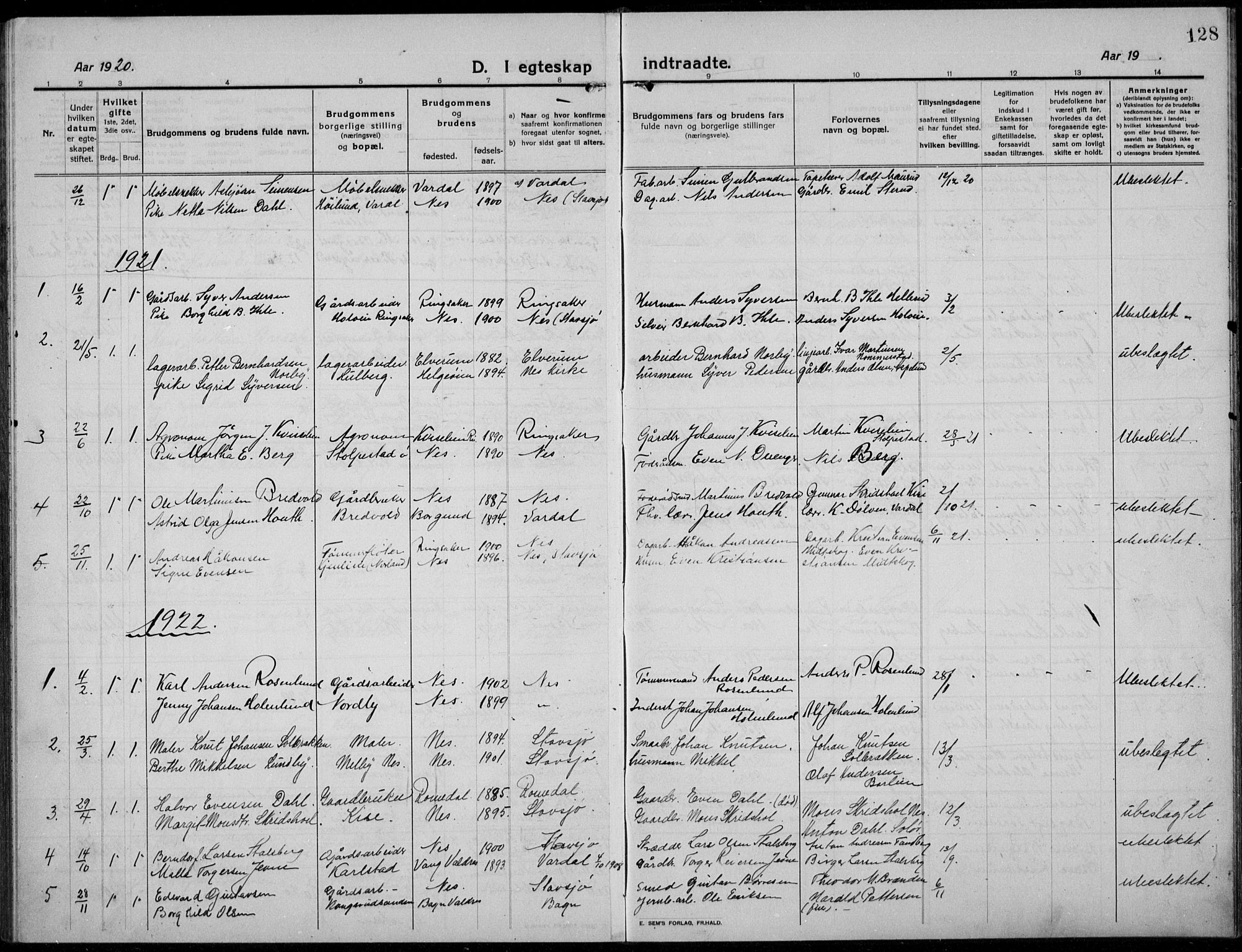 Nes prestekontor, Hedmark, AV/SAH-PREST-020/L/La/L0009: Parish register (copy) no. 9, 1913-1936, p. 128