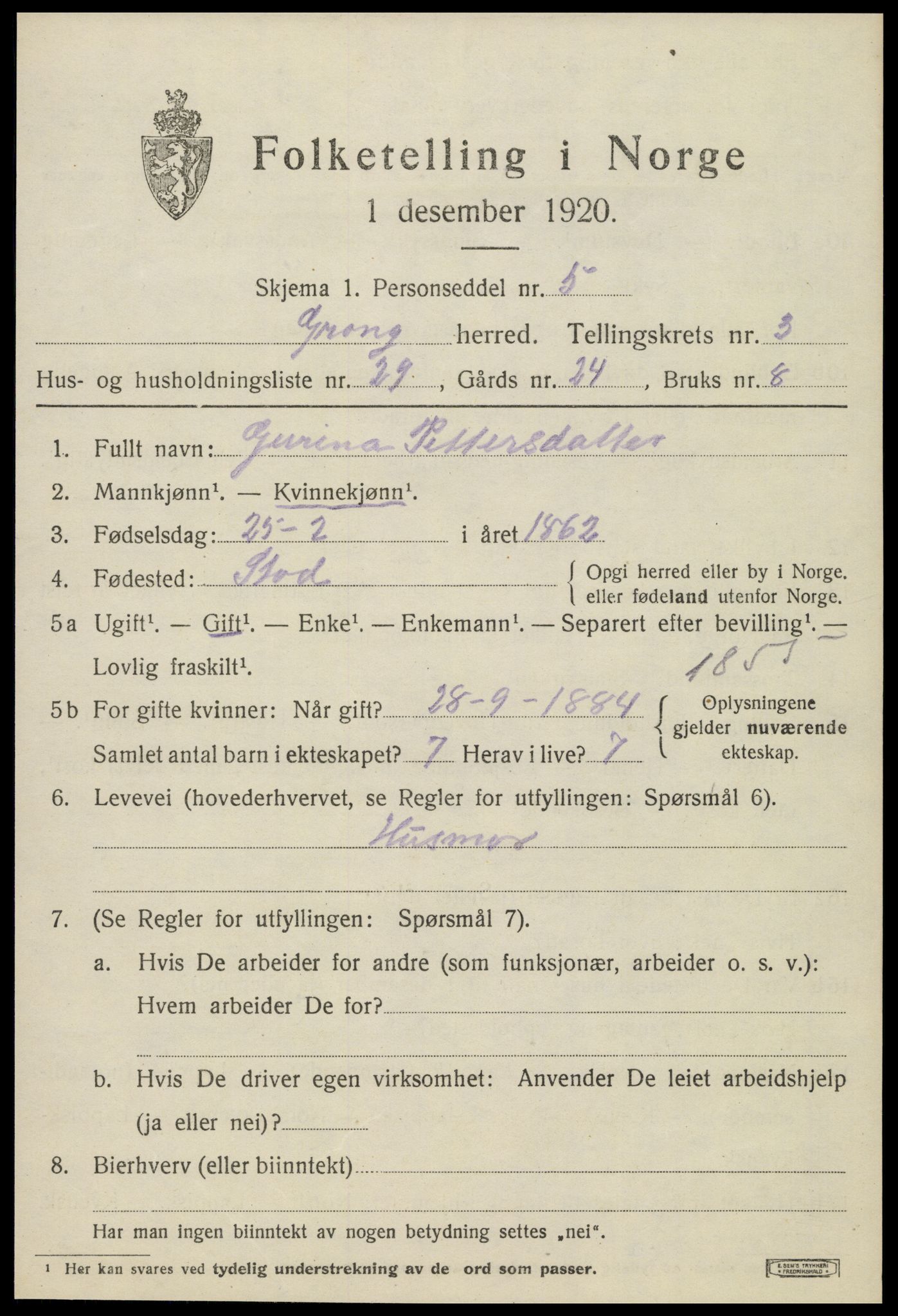 SAT, 1920 census for Grong, 1920, p. 2575