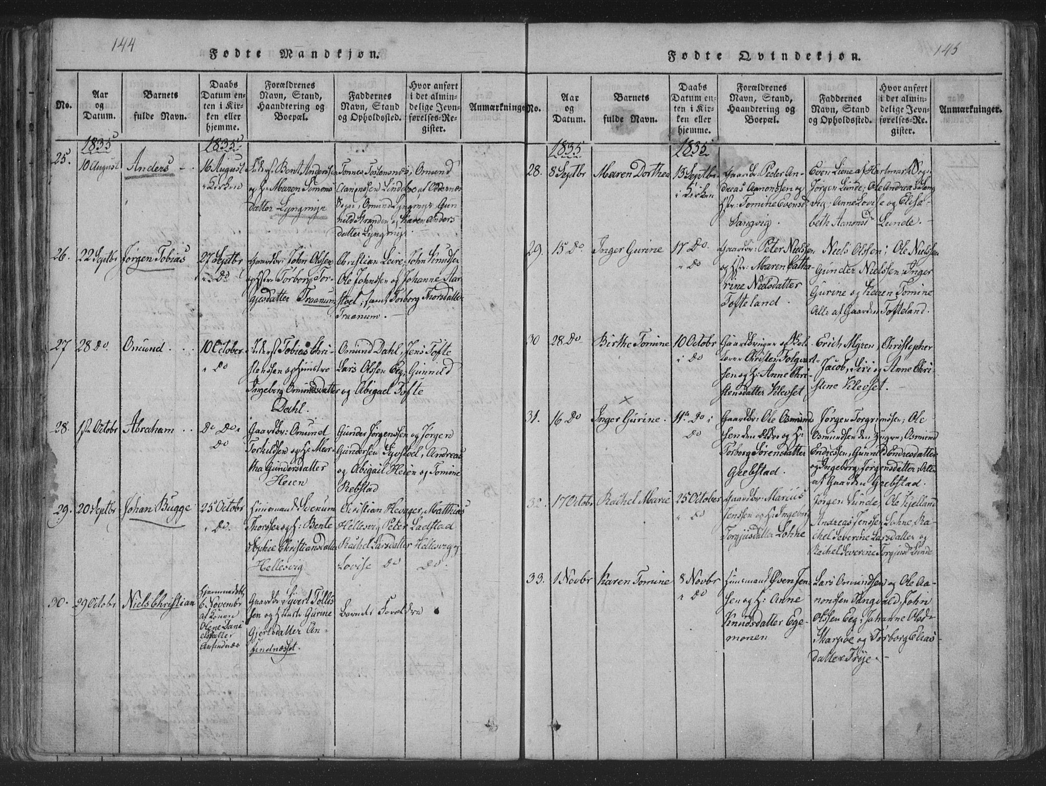 Søgne sokneprestkontor, SAK/1111-0037/F/Fa/Fab/L0008: Parish register (official) no. A 8, 1821-1838, p. 144-145