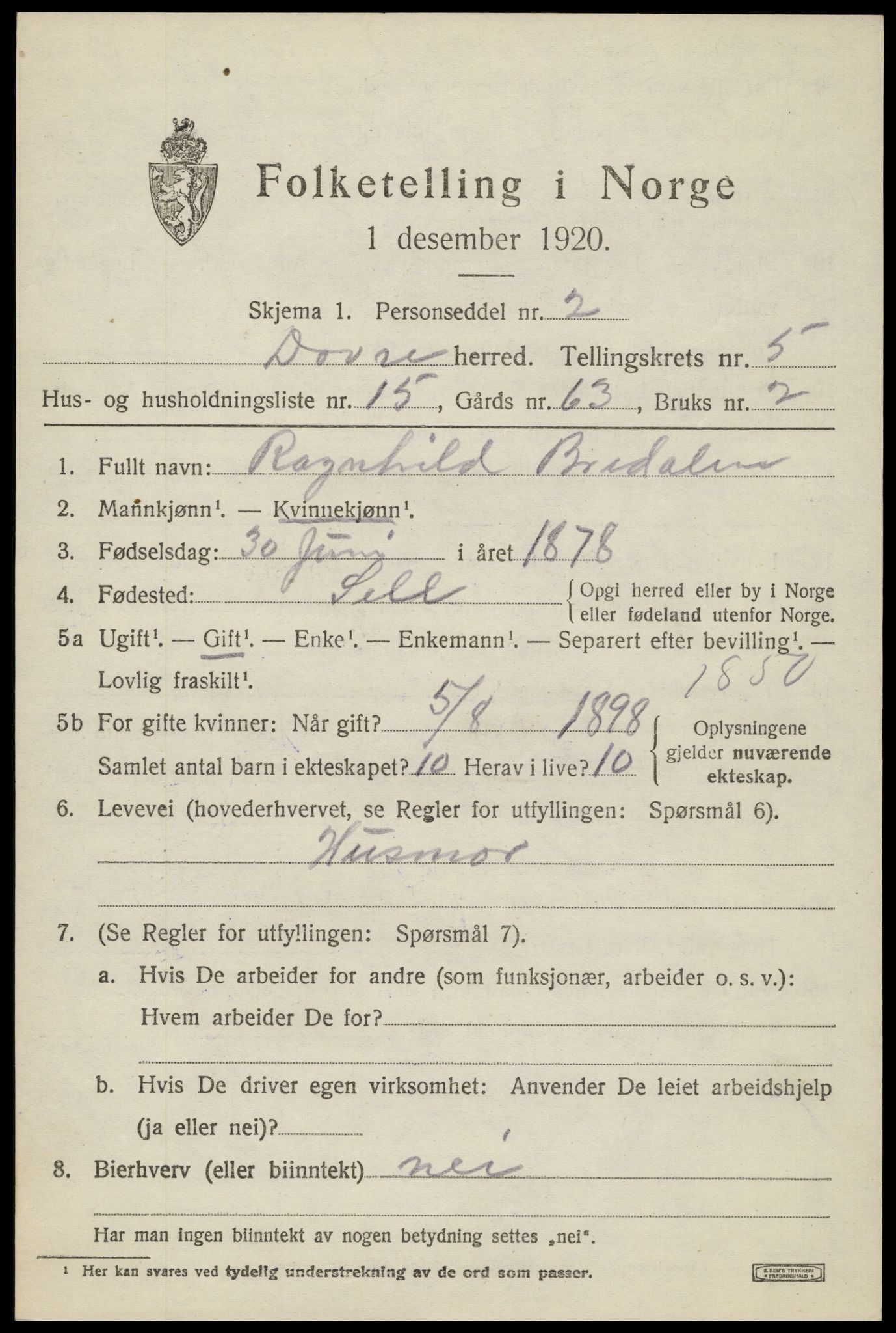 SAH, 1920 census for Dovre, 1920, p. 5390