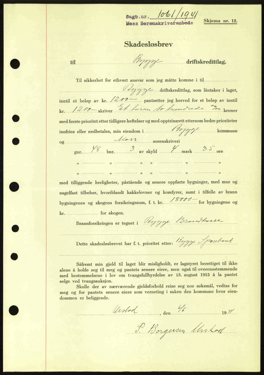 Moss sorenskriveri, SAO/A-10168: Mortgage book no. B10, 1940-1941, Diary no: : 1061/1941