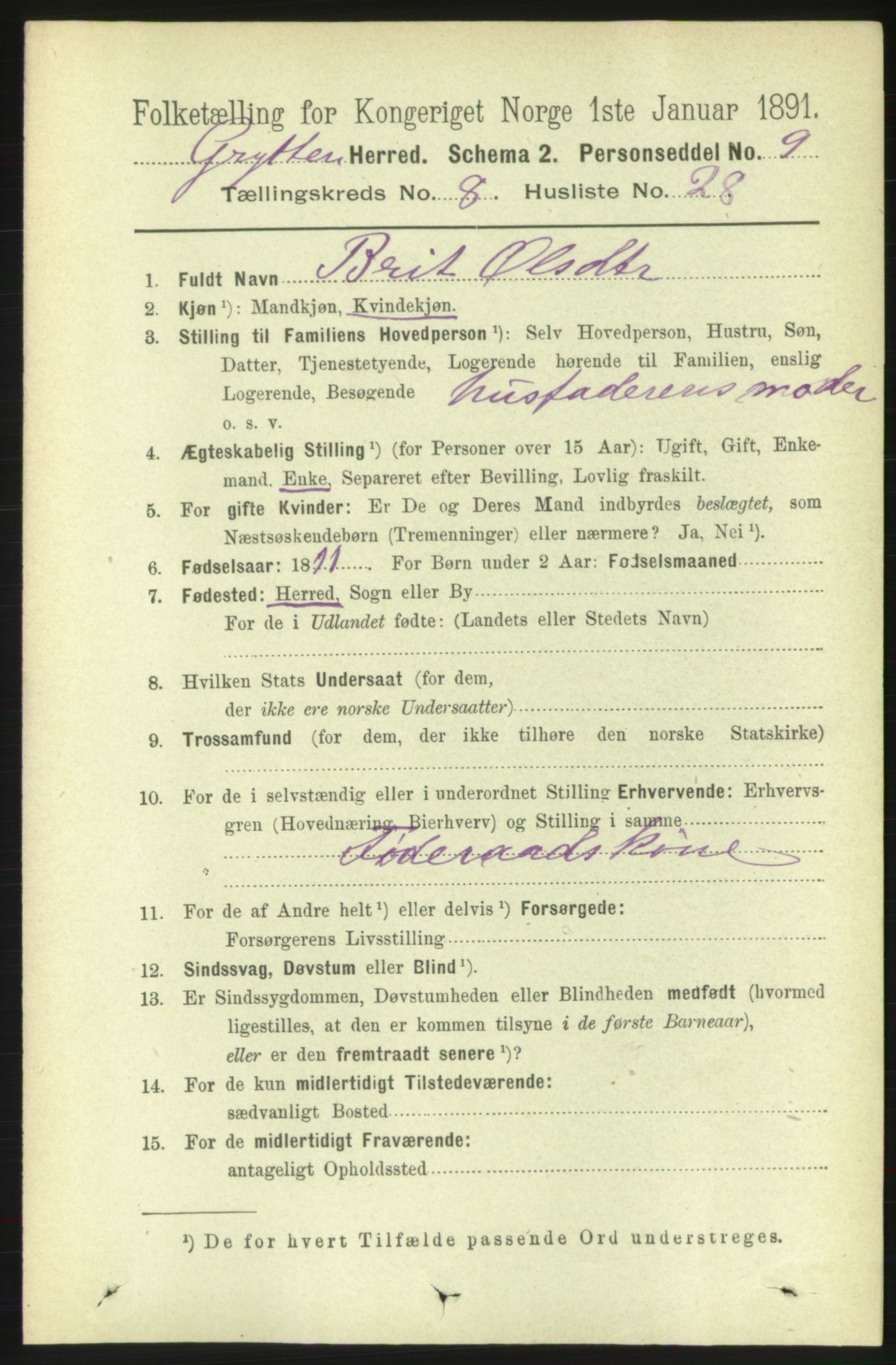 RA, 1891 census for 1539 Grytten, 1891, p. 3315