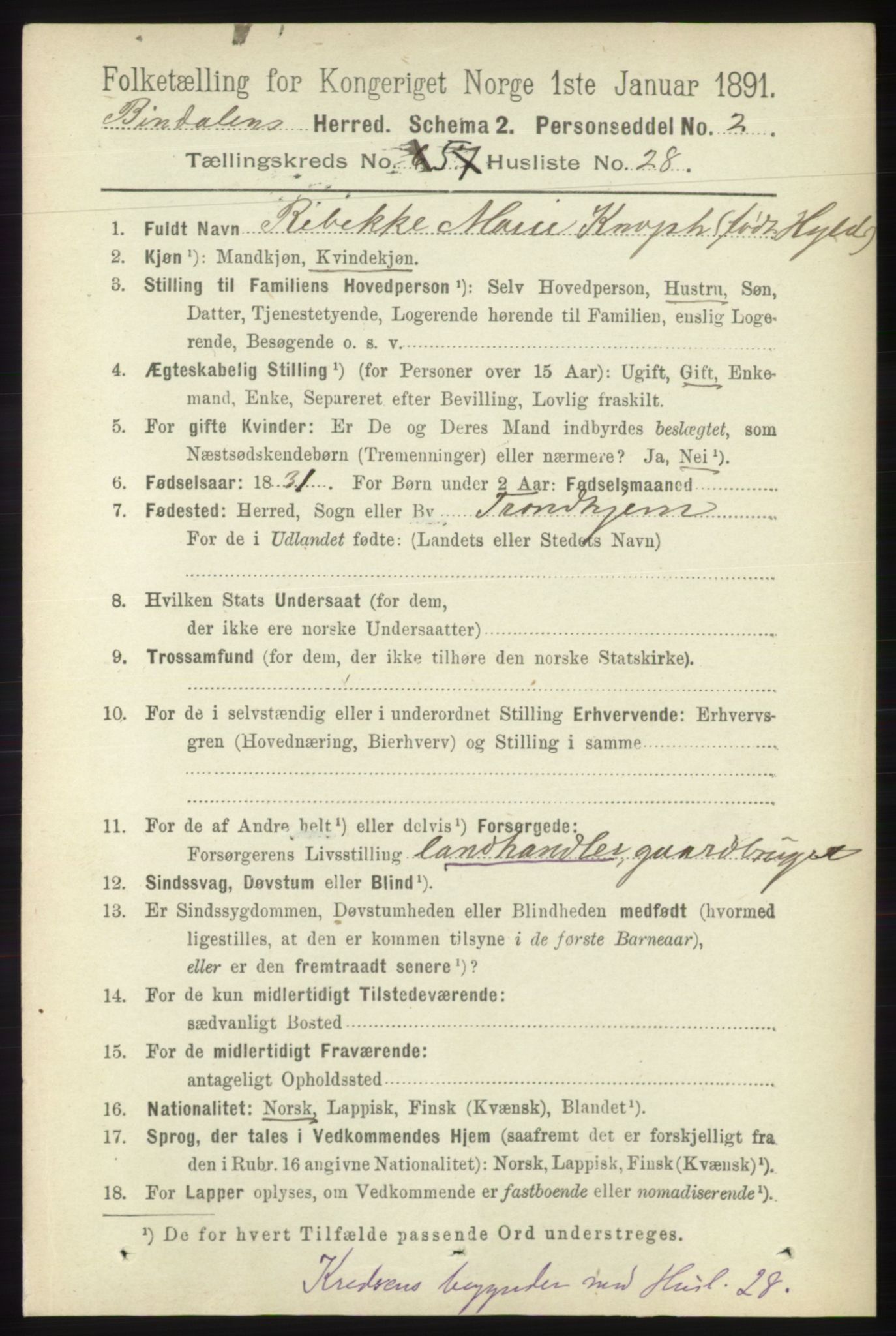 RA, 1891 census for 1811 Bindal, 1891, p. 1340