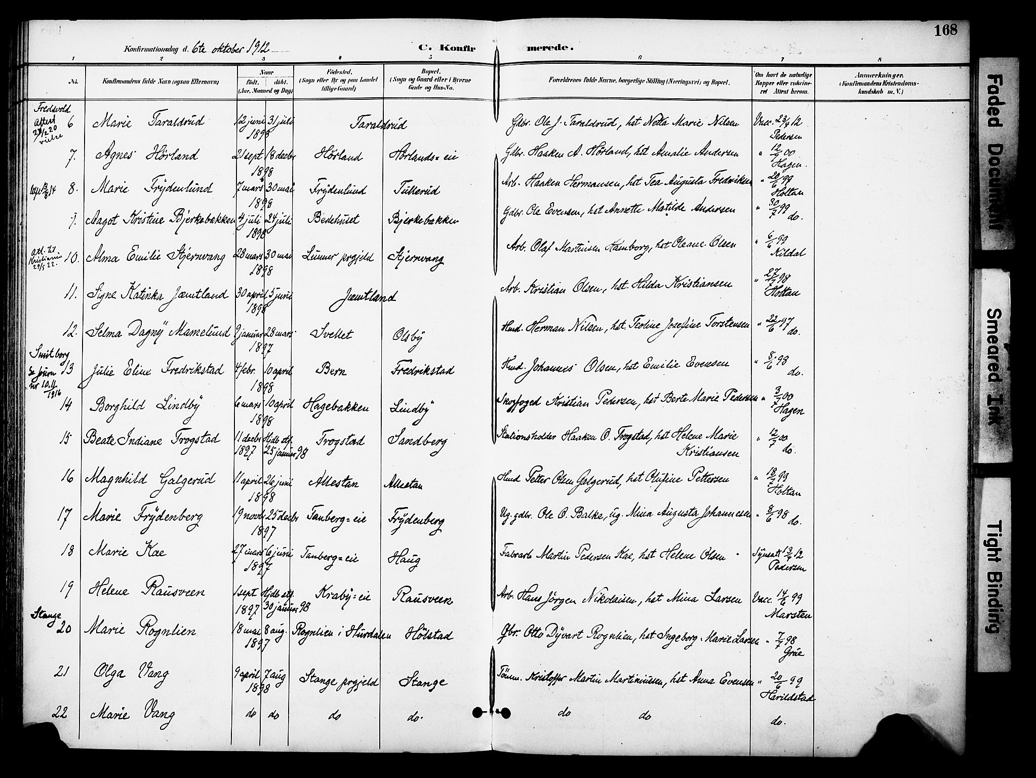 Østre Toten prestekontor, SAH/PREST-104/H/Ha/Haa/L0009: Parish register (official) no. 9, 1897-1913, p. 168