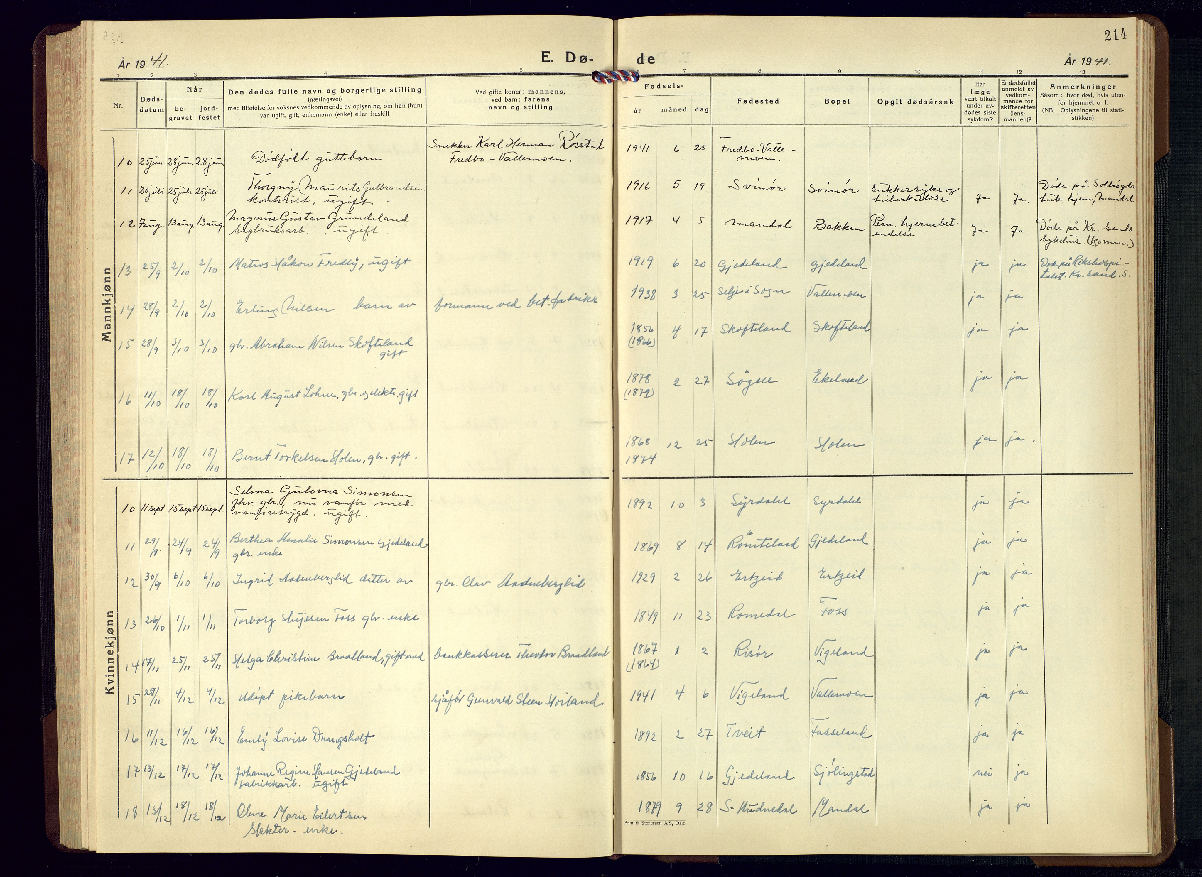 Sør-Audnedal sokneprestkontor, AV/SAK-1111-0039/F/Fb/Fbb/L0007: Parish register (copy) no. B-7, 1939-1965, p. 214