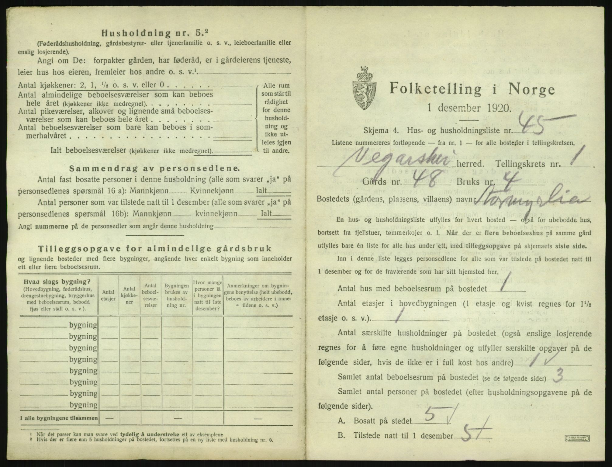 SAK, 1920 census for Vegårshei, 1920, p. 140