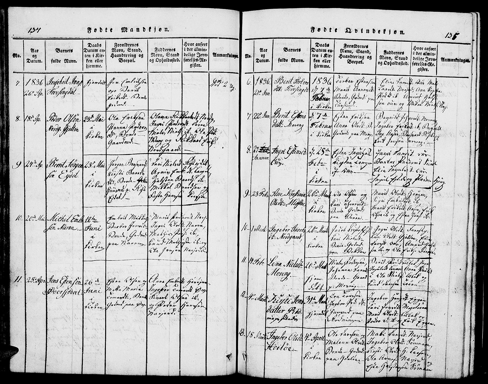 Tolga prestekontor, SAH/PREST-062/L/L0002: Parish register (copy) no. 2, 1815-1844, p. 134-135