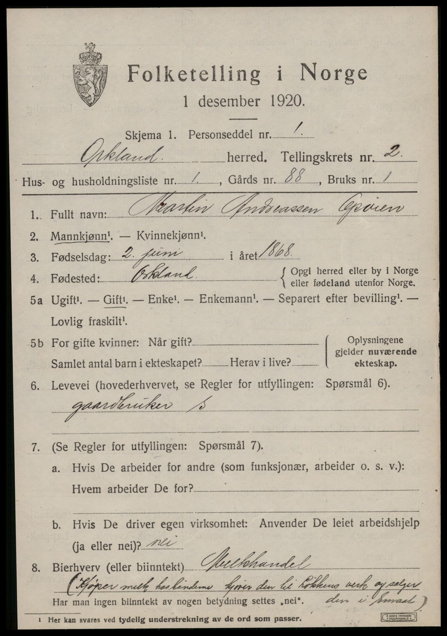 SAT, 1920 census for Orkland, 1920, p. 1674