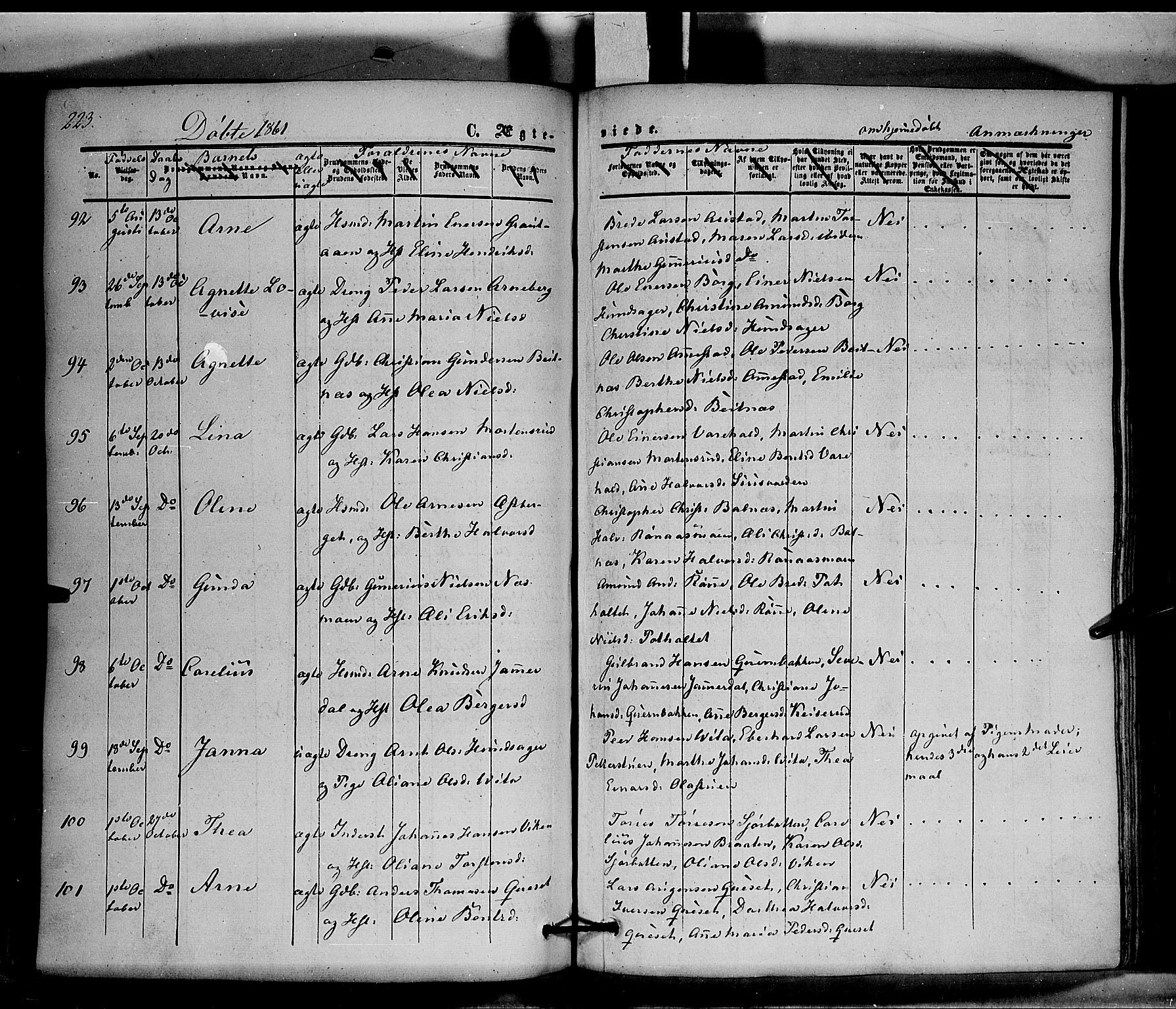 Hof prestekontor, AV/SAH-PREST-038/H/Ha/Haa/L0008: Parish register (official) no. 8, 1849-1861, p. 223