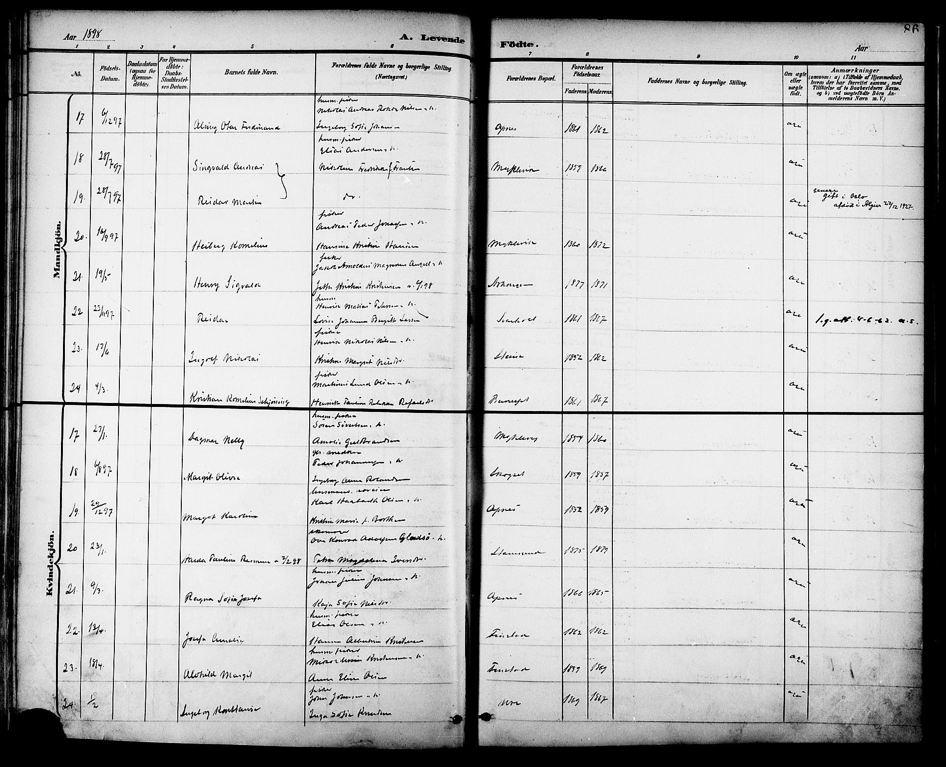 Ministerialprotokoller, klokkerbøker og fødselsregistre - Nordland, AV/SAT-A-1459/882/L1179: Parish register (official) no. 882A01, 1886-1898, p. 86