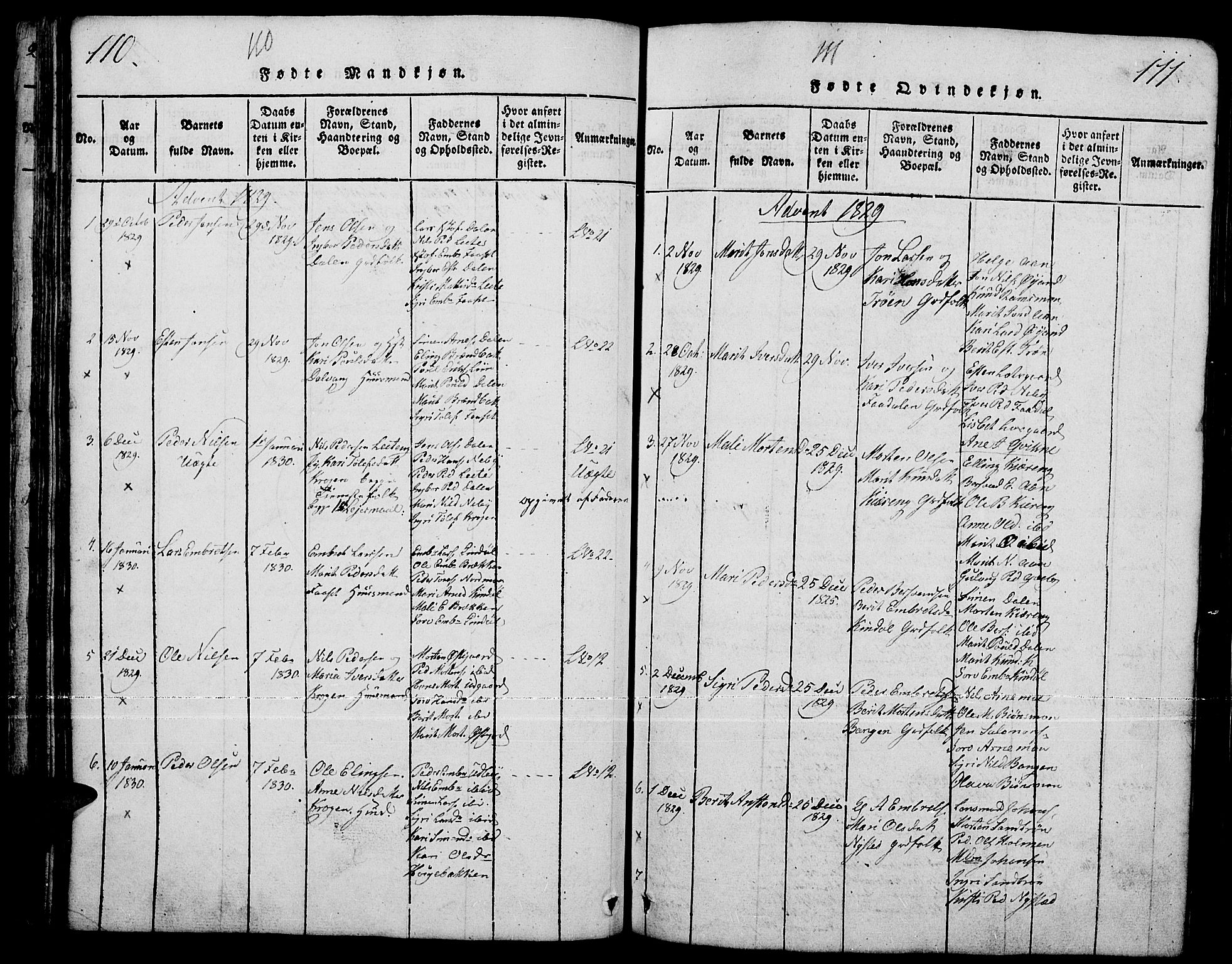Tynset prestekontor, SAH/PREST-058/H/Ha/Hab/L0001: Parish register (copy) no. 1, 1814-1859, p. 110-111