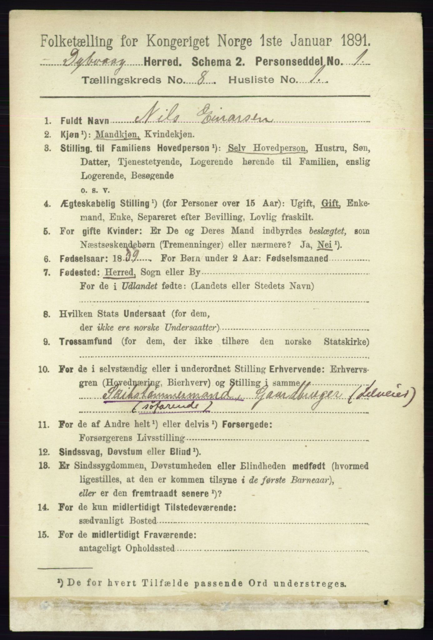 RA, 1891 census for 0915 Dypvåg, 1891, p. 2725