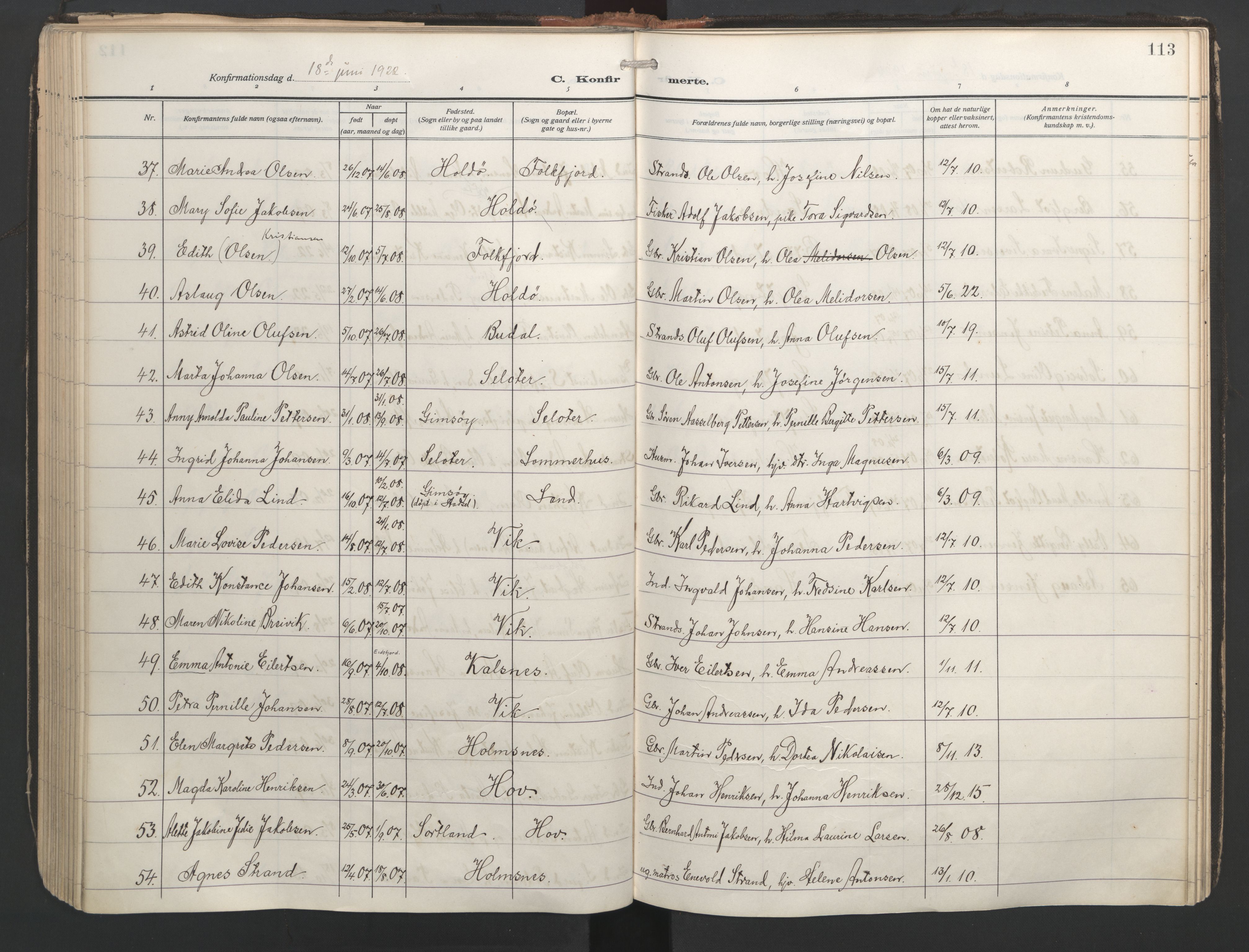 Ministerialprotokoller, klokkerbøker og fødselsregistre - Nordland, AV/SAT-A-1459/888/L1249: Parish register (official) no. 888A15, 1911-1929, p. 113
