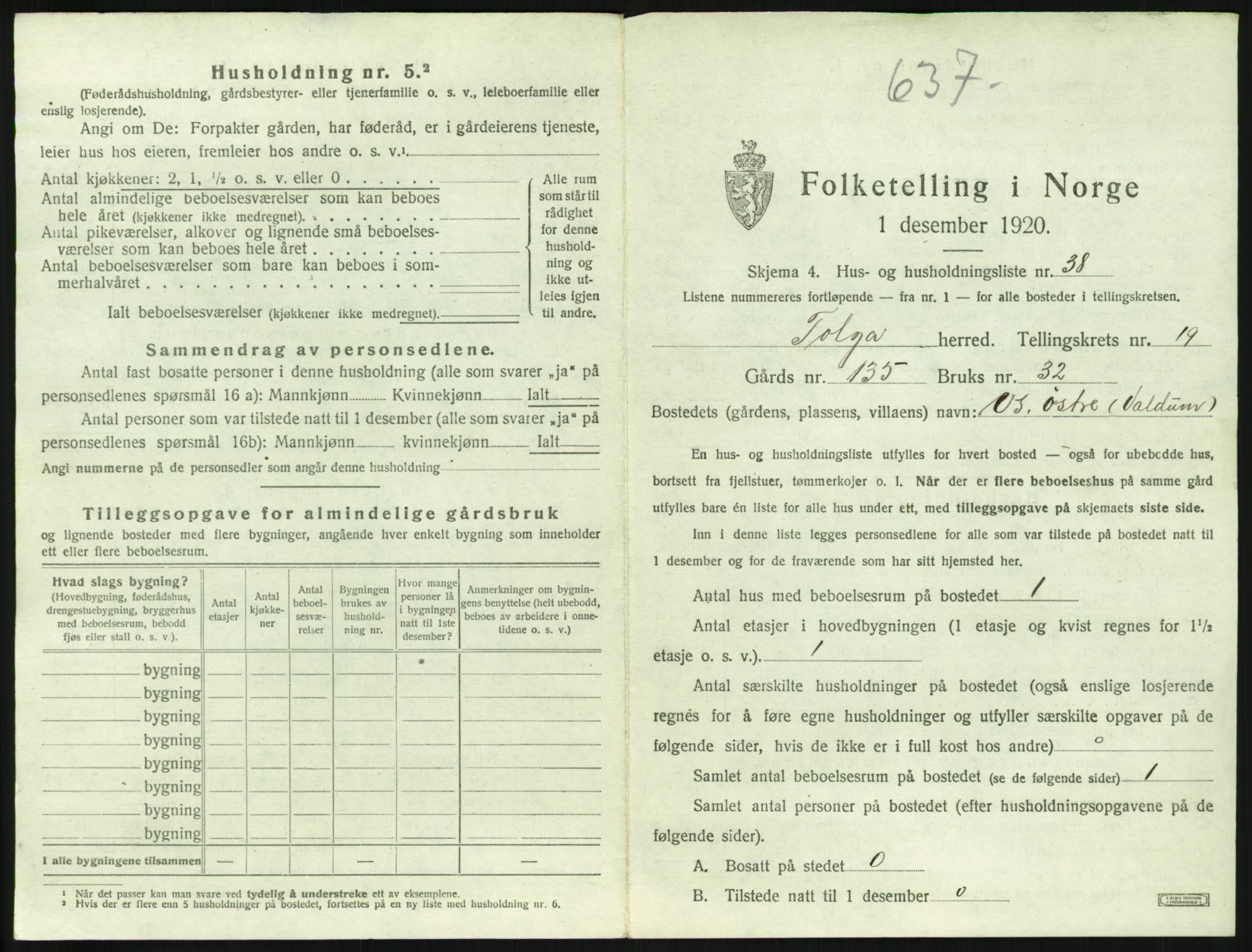 SAH, 1920 census for Tolga, 1920, p. 1375